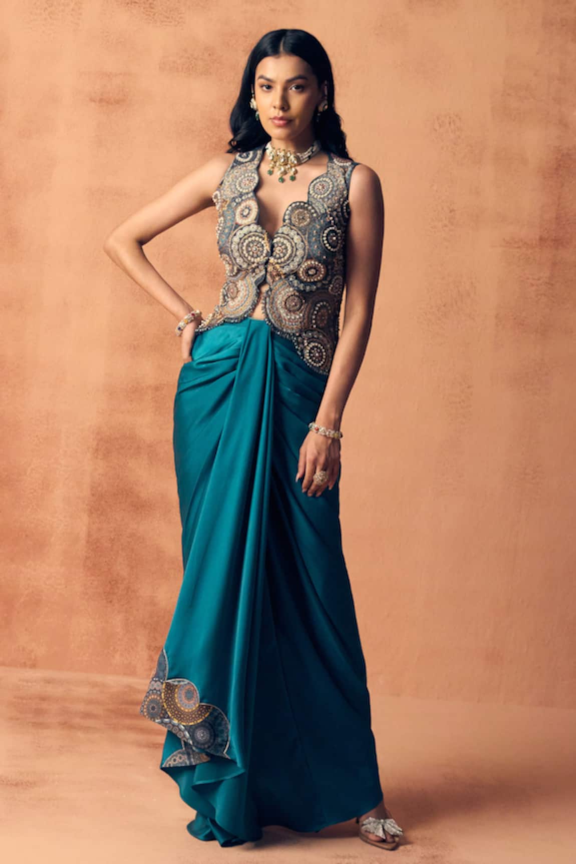 Label Moni K Chakra Embroidered Waistcoat With Draped Skirt