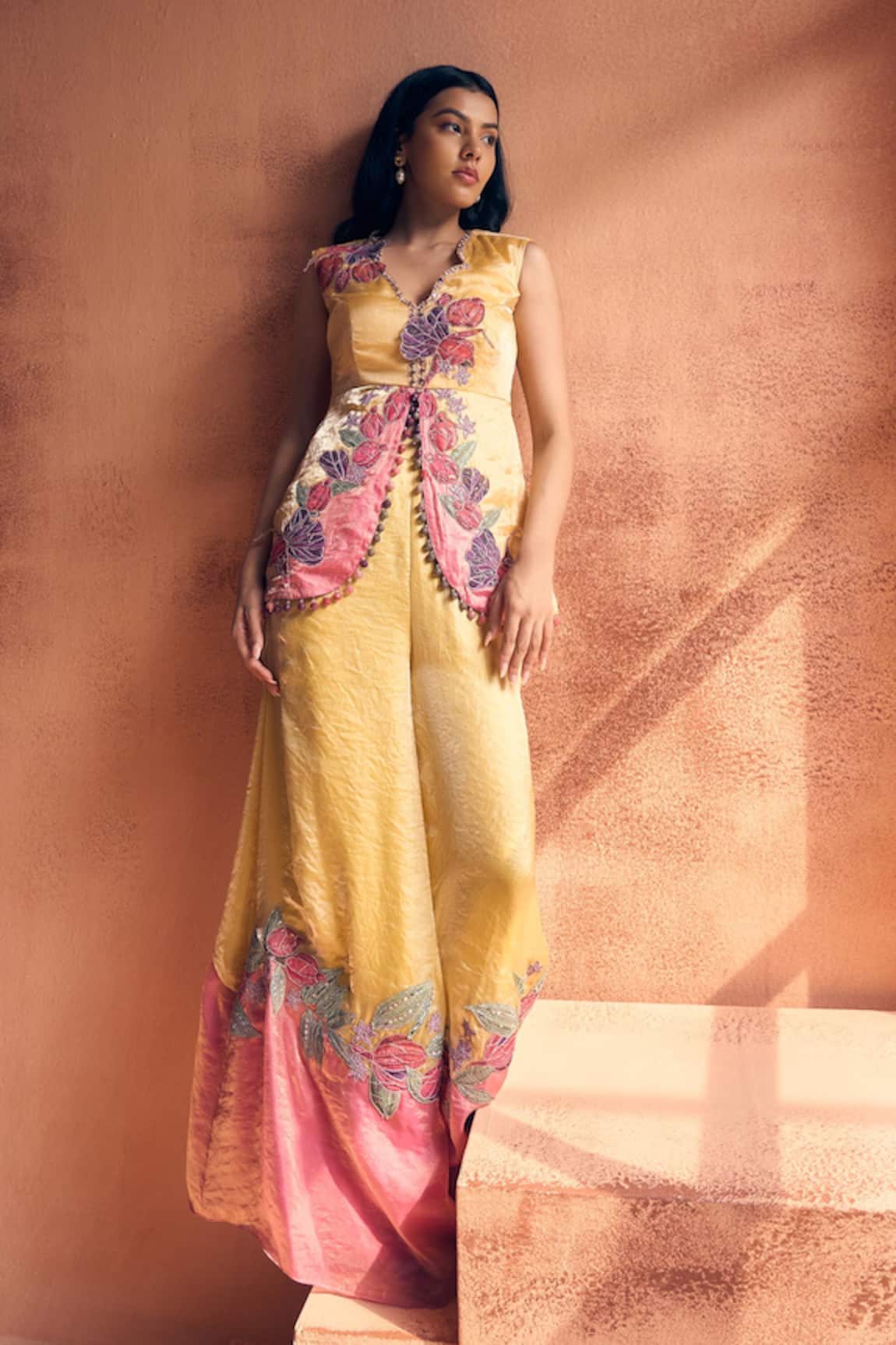 Label Moni K Bahaara Embroidered Peplum Top With Flared Pant