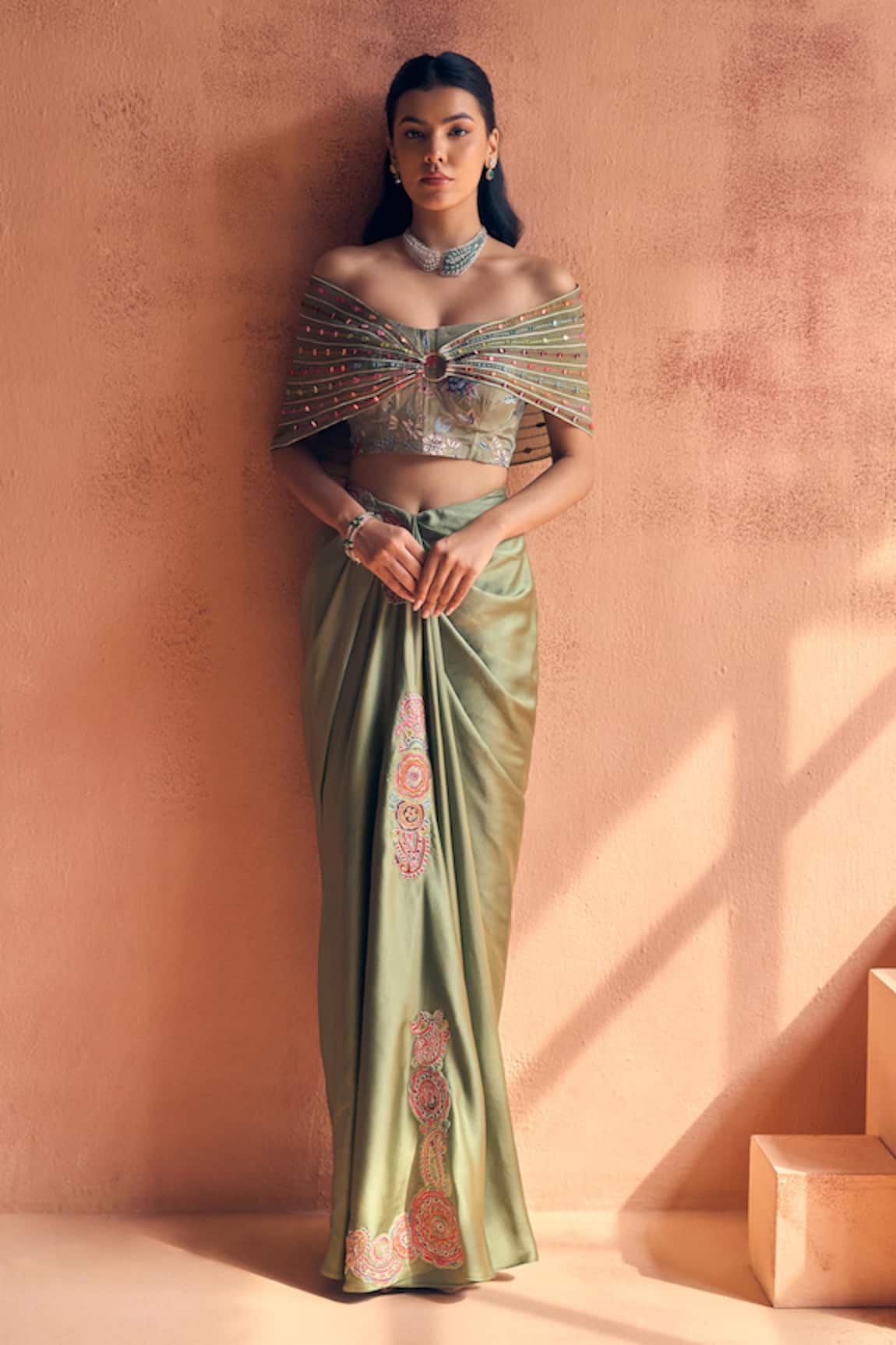 Label Moni K Embroidered Cape & Skirt Set