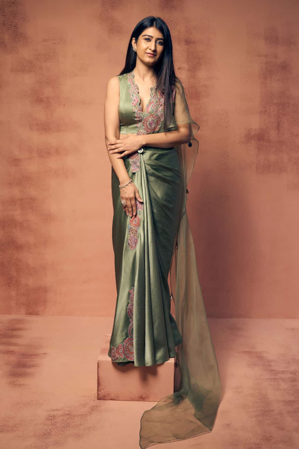 Label Moni K Paisley Embroidered Pre-Draped Saree With Blouse