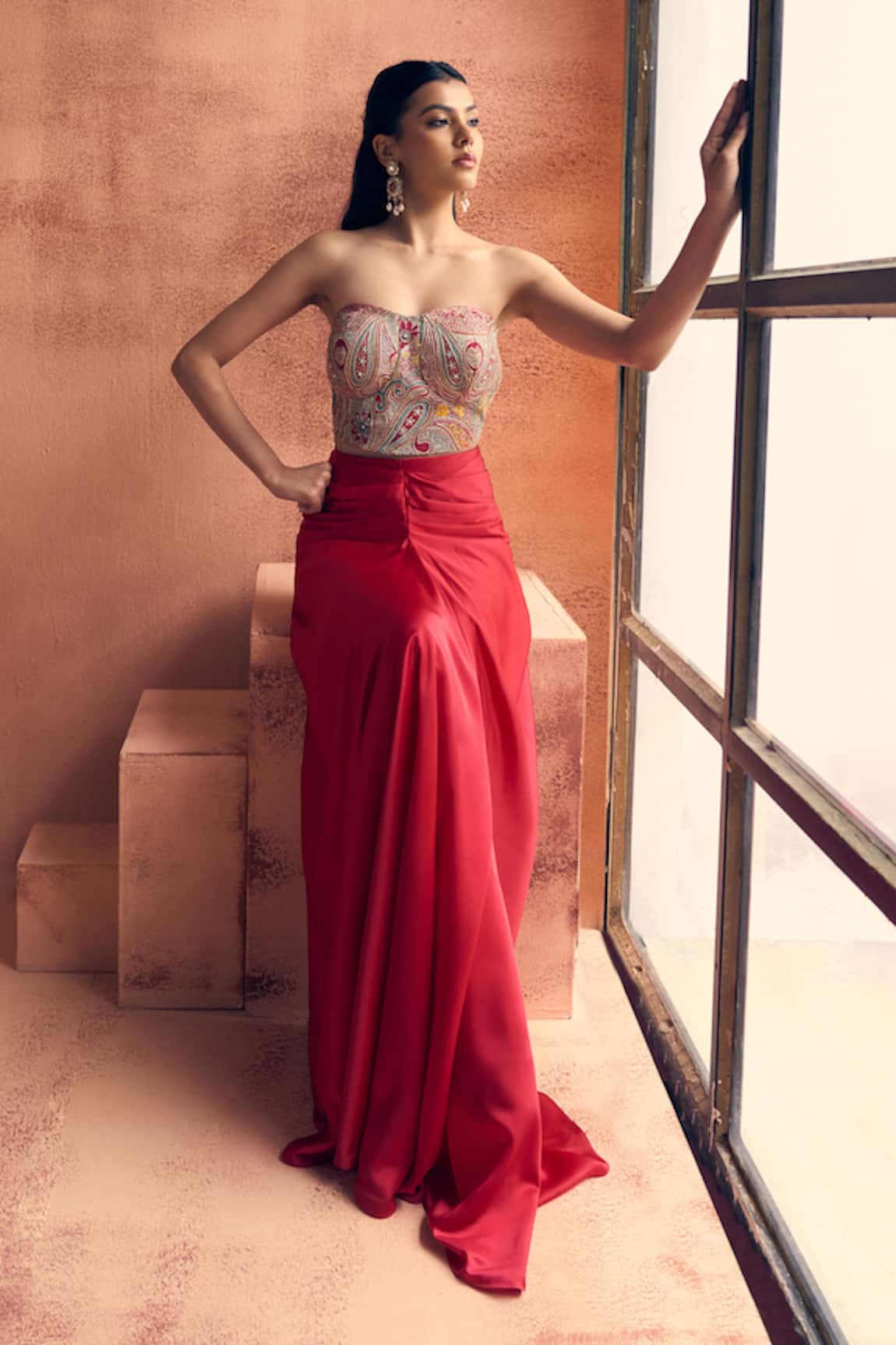 Label Moni K Afreen Mosaic Embroidered Blouse With Draped Skirt