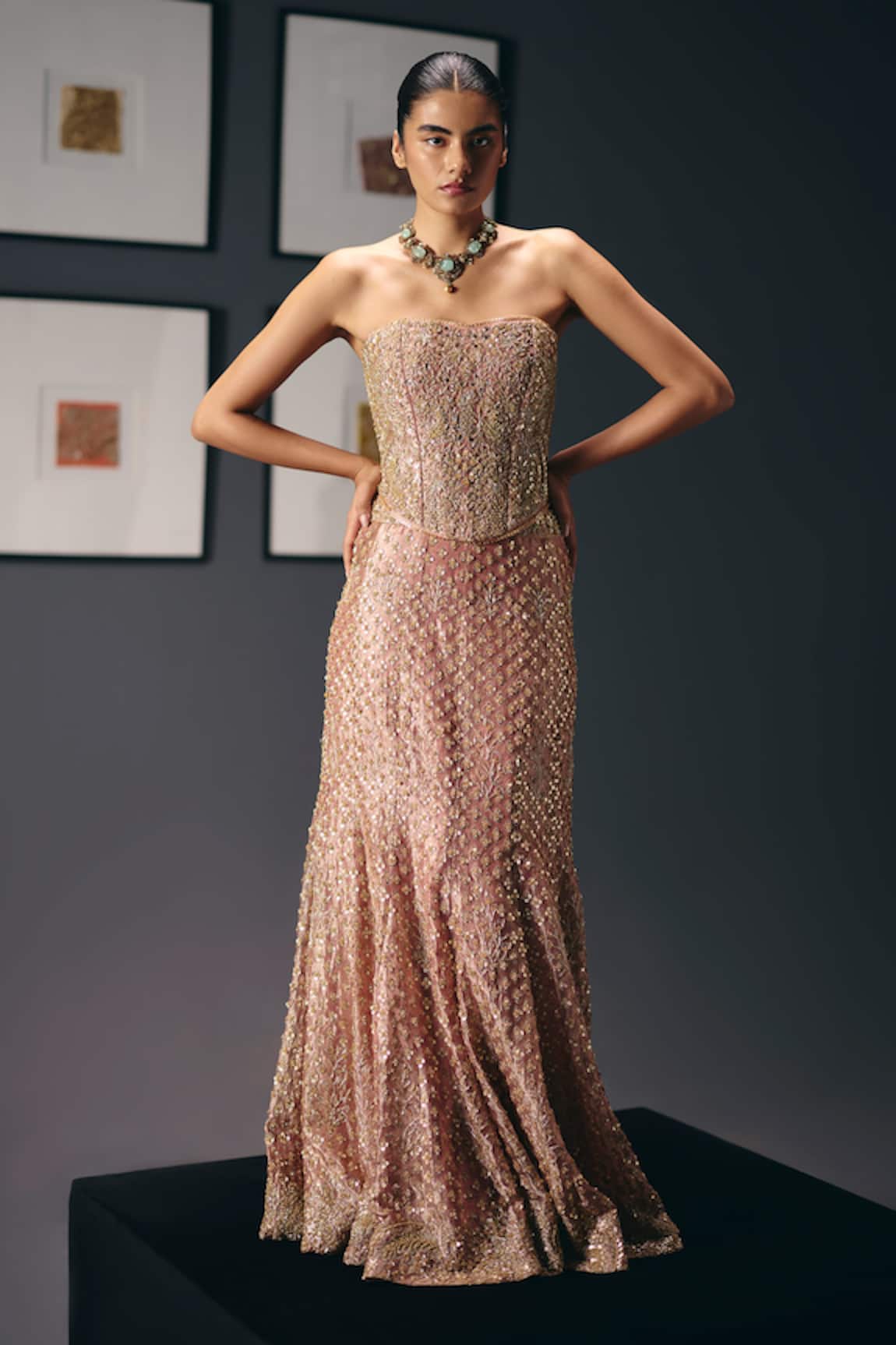 Sana Barreja Pink Roses Embroidered Corset With Skirt