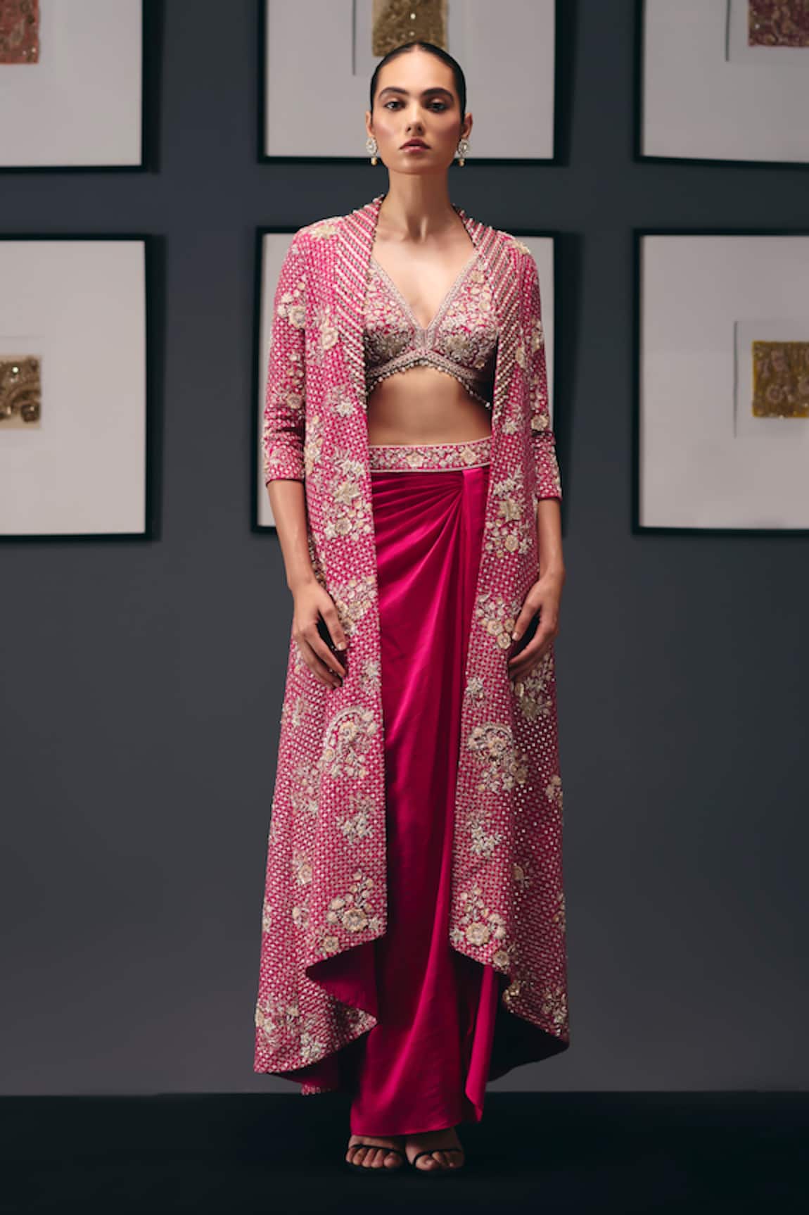 Sana Barreja Self Potrait Embroidered Jacket Draped Skirt Set