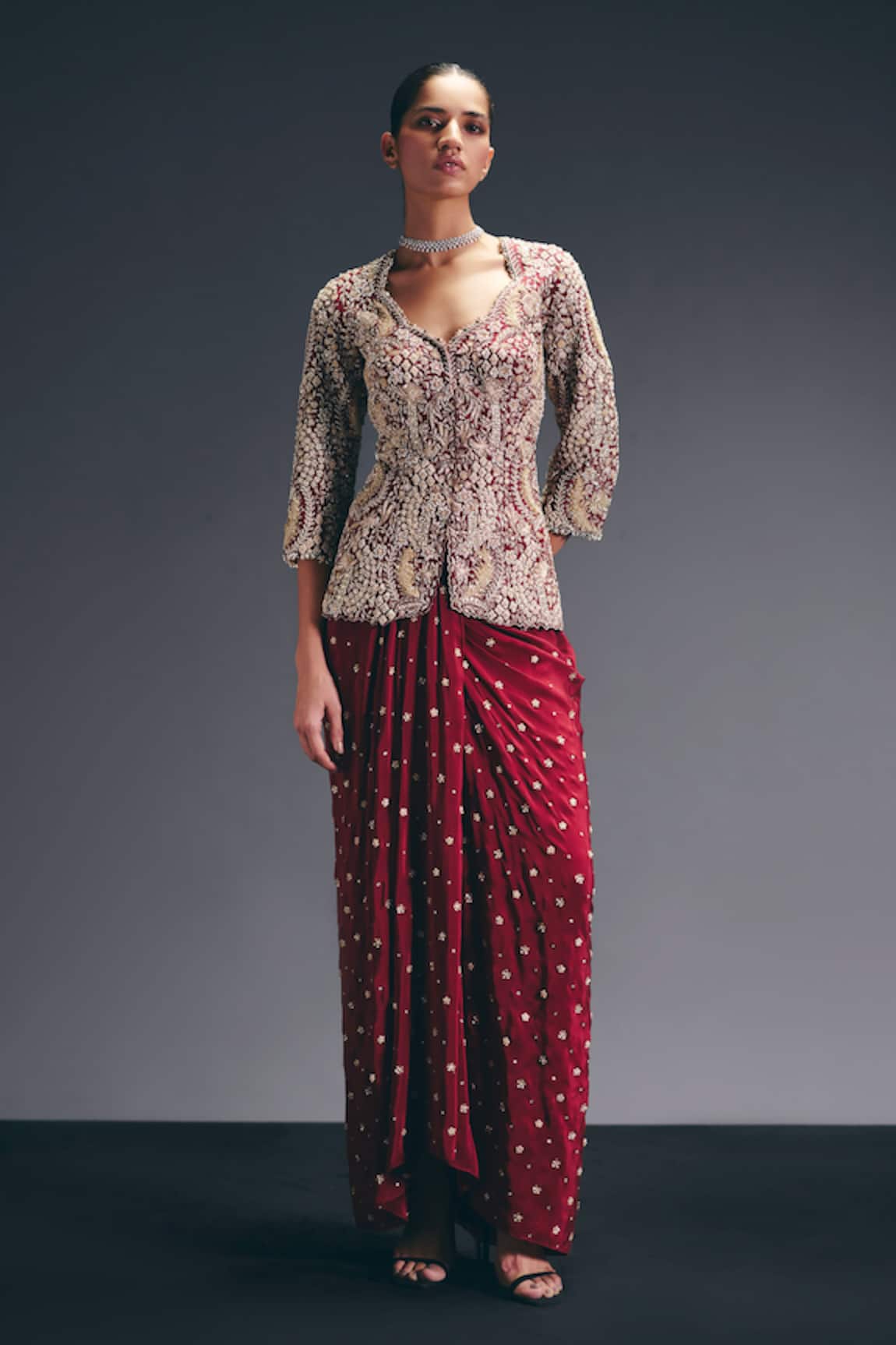 Sana Barreja The Red Tower Embroidered Jacket With Skirt