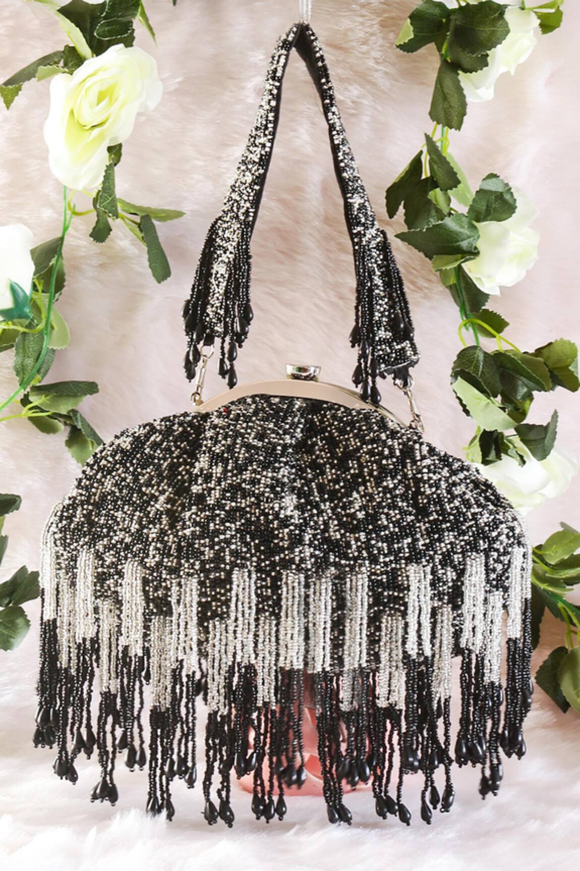 Nazaakat By Samara Singh Beaded Fringe Batua Bag With Detachable Handle