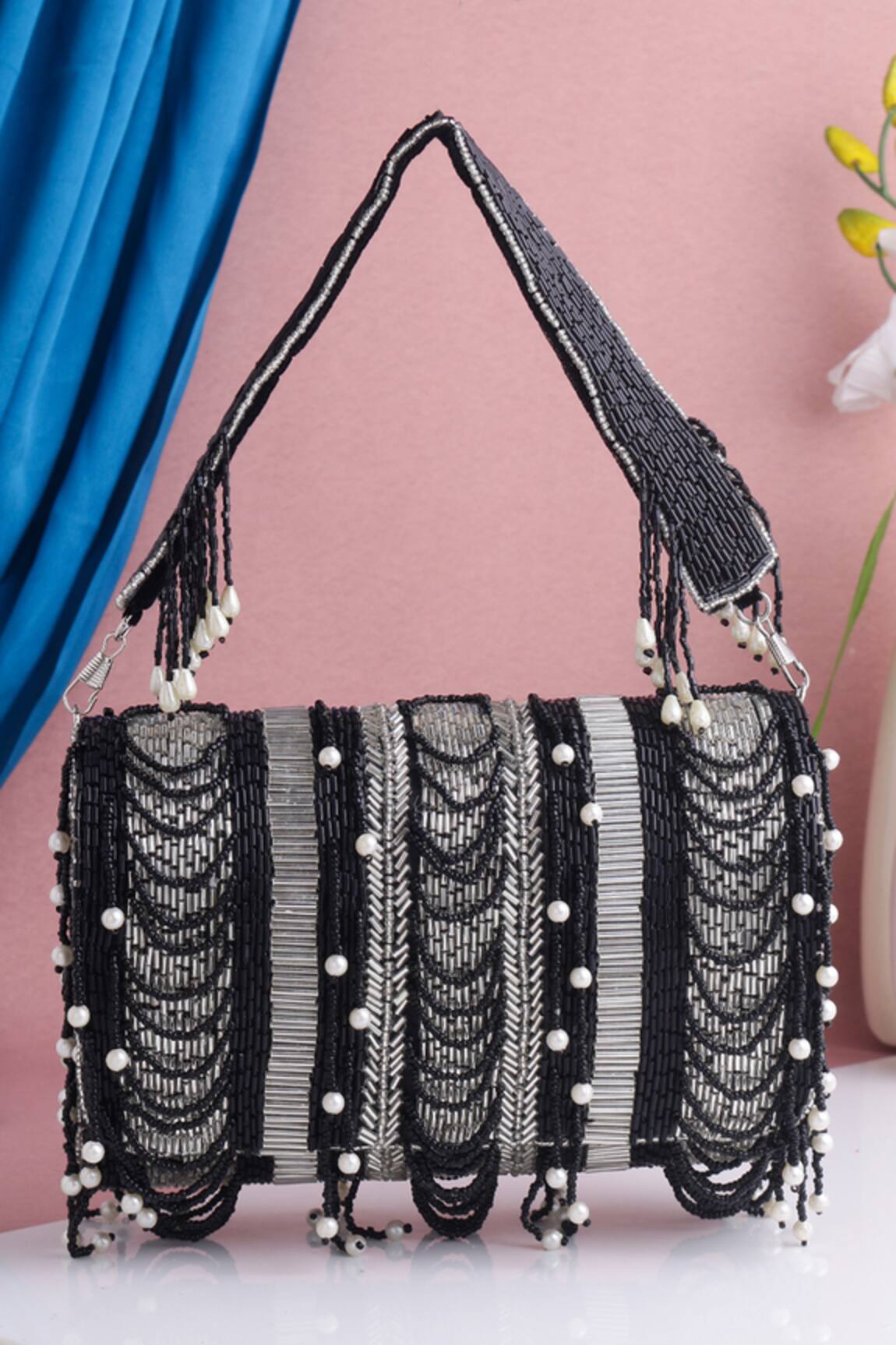 Nazaakat By Samara Singh Beaded Pearl Embellished Flap Bag