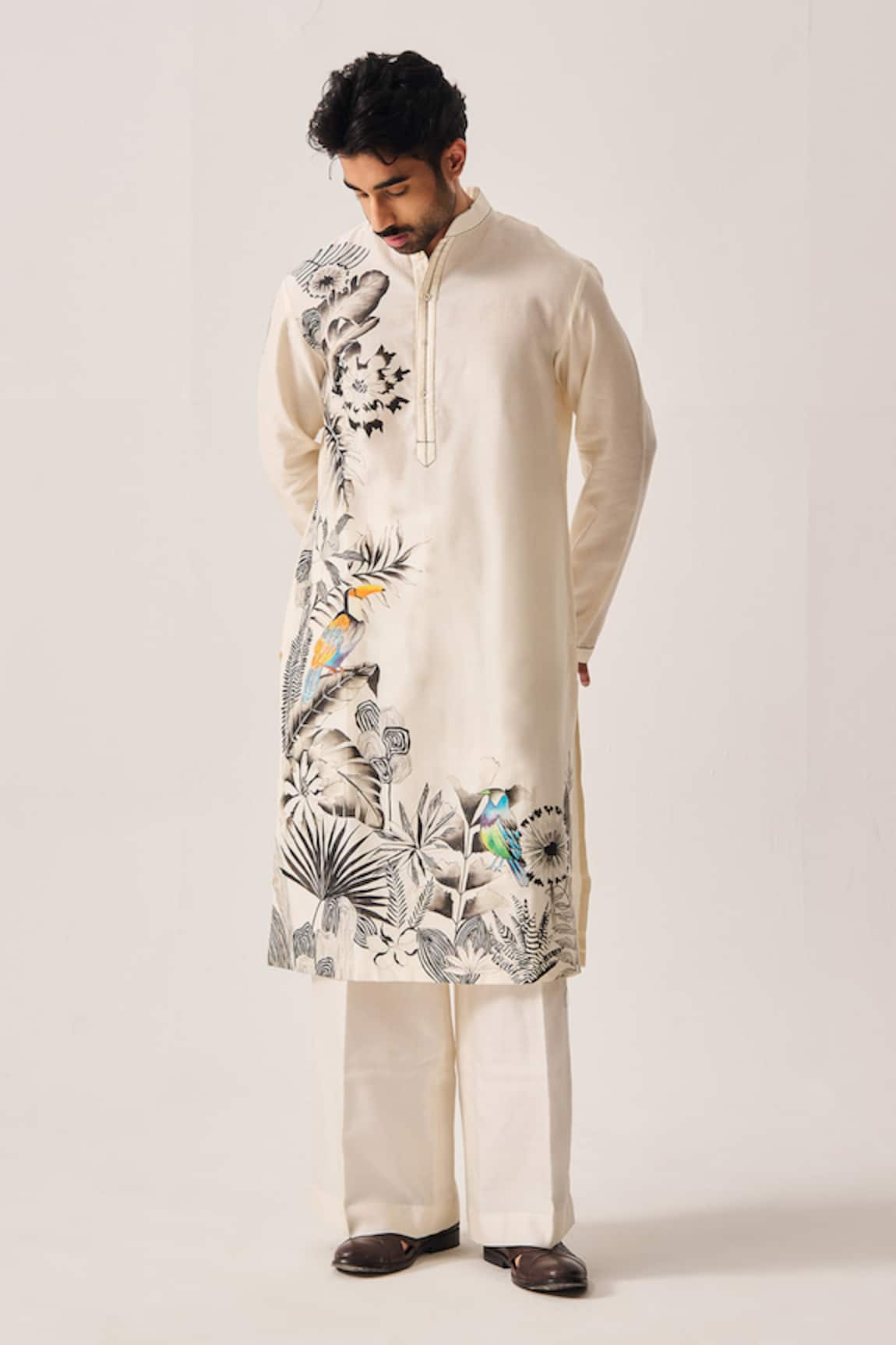 Wabi Sabi By Anshum-Ritesh Monochrome Garden Chanderi Bird & Floral Print Kurta Set 