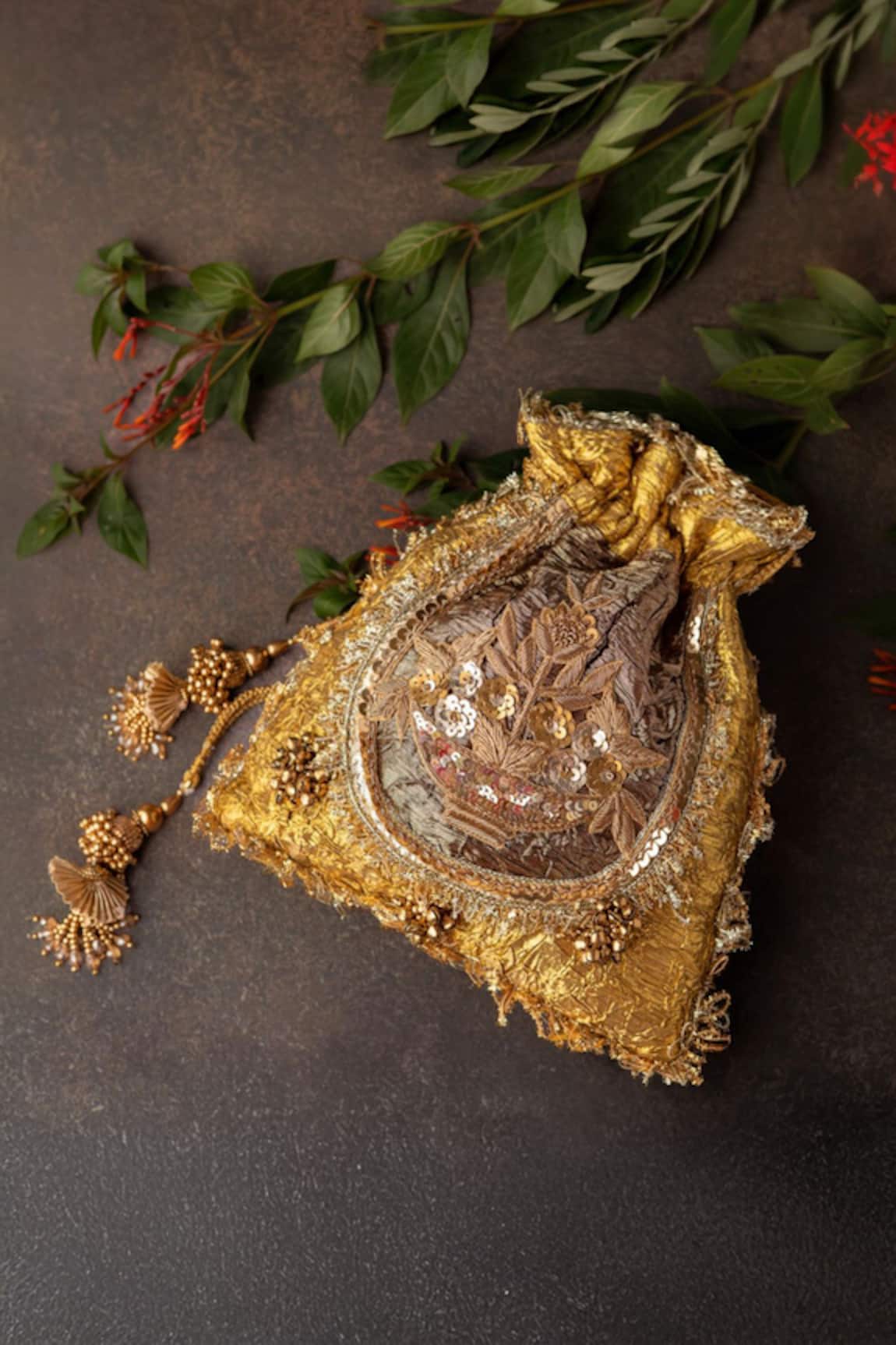 Bhavna Kumar Gold Zardozi Potli Bag with Sling Chain 