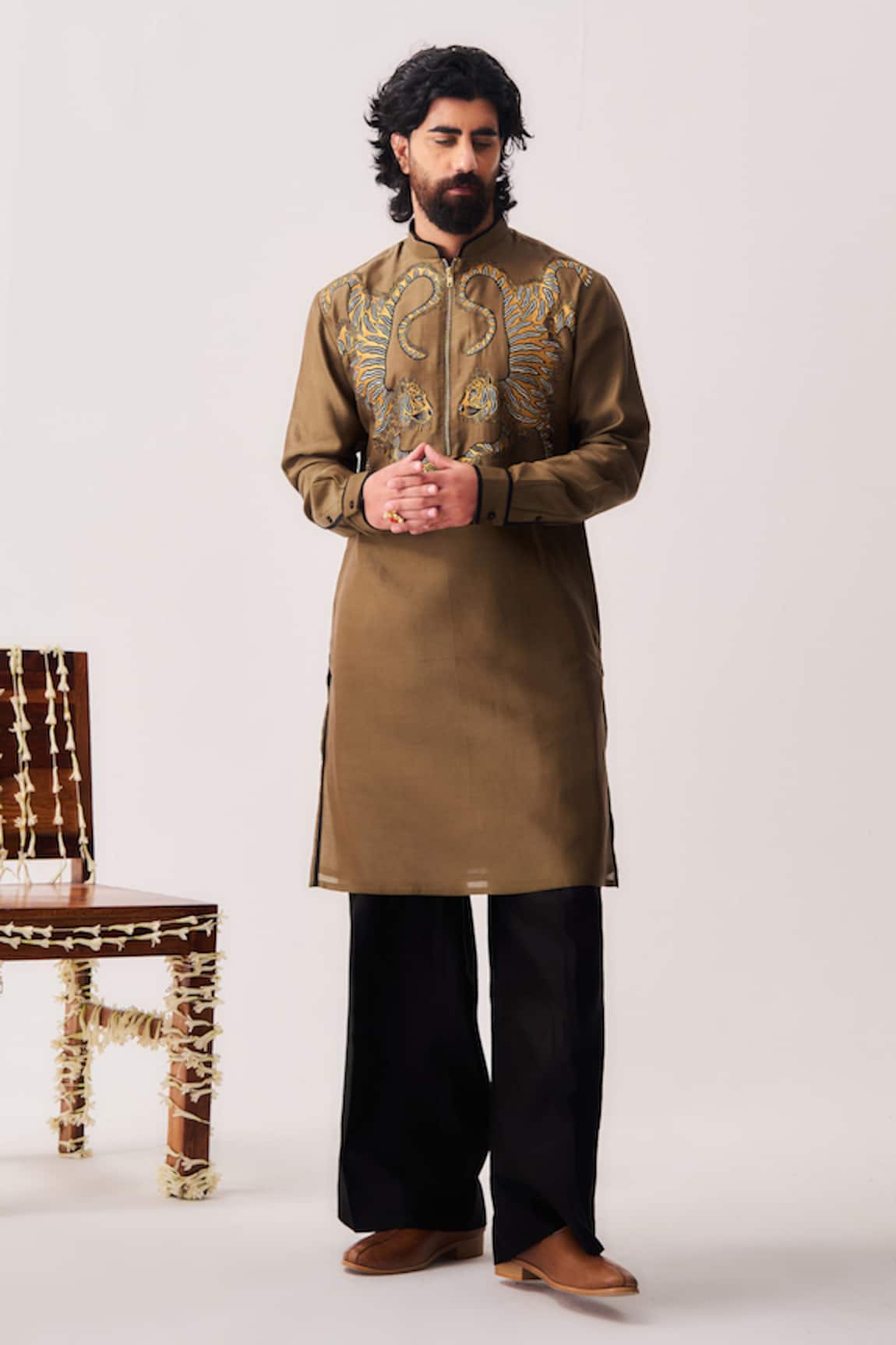 Wabi Sabi By Anshum-Ritesh Twin Guardians Tiger Embroidered Kurta & Flare Pant Set 
