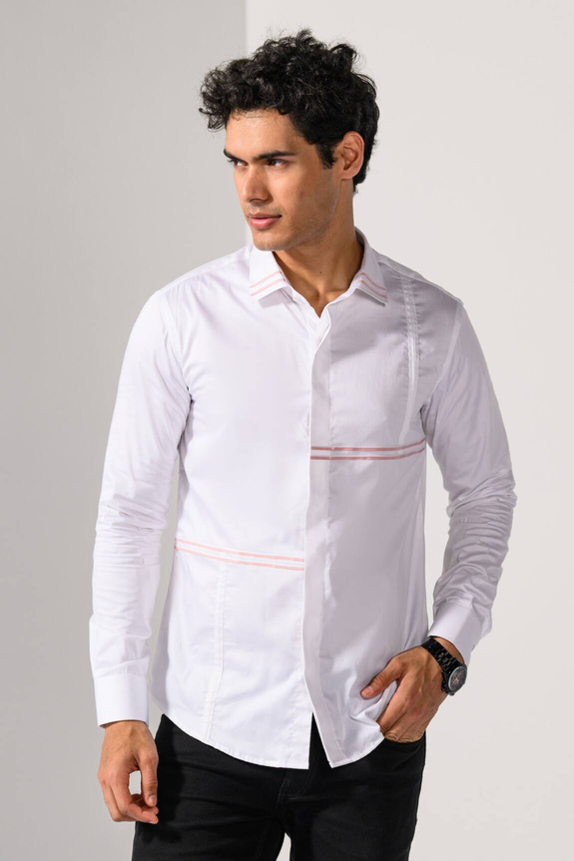 Kalpana Naik Pintuck Detail Metallic Strip Cotton Stretch Shirt