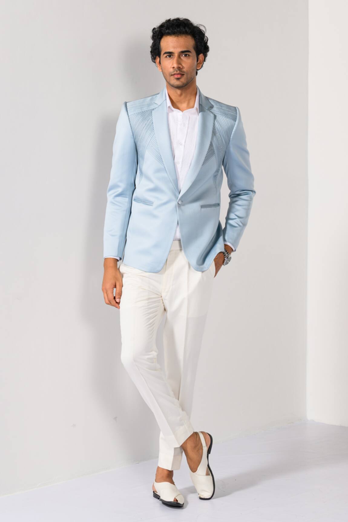 Kalpana Naik Ice Blue Pintuck Tuxedo Blazer & Trouser Set