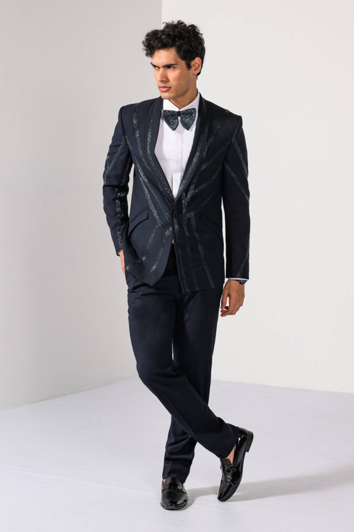 Kalpana Naik Midnight Stripes Embroidered Tuxedo Blazer & Trouser Set