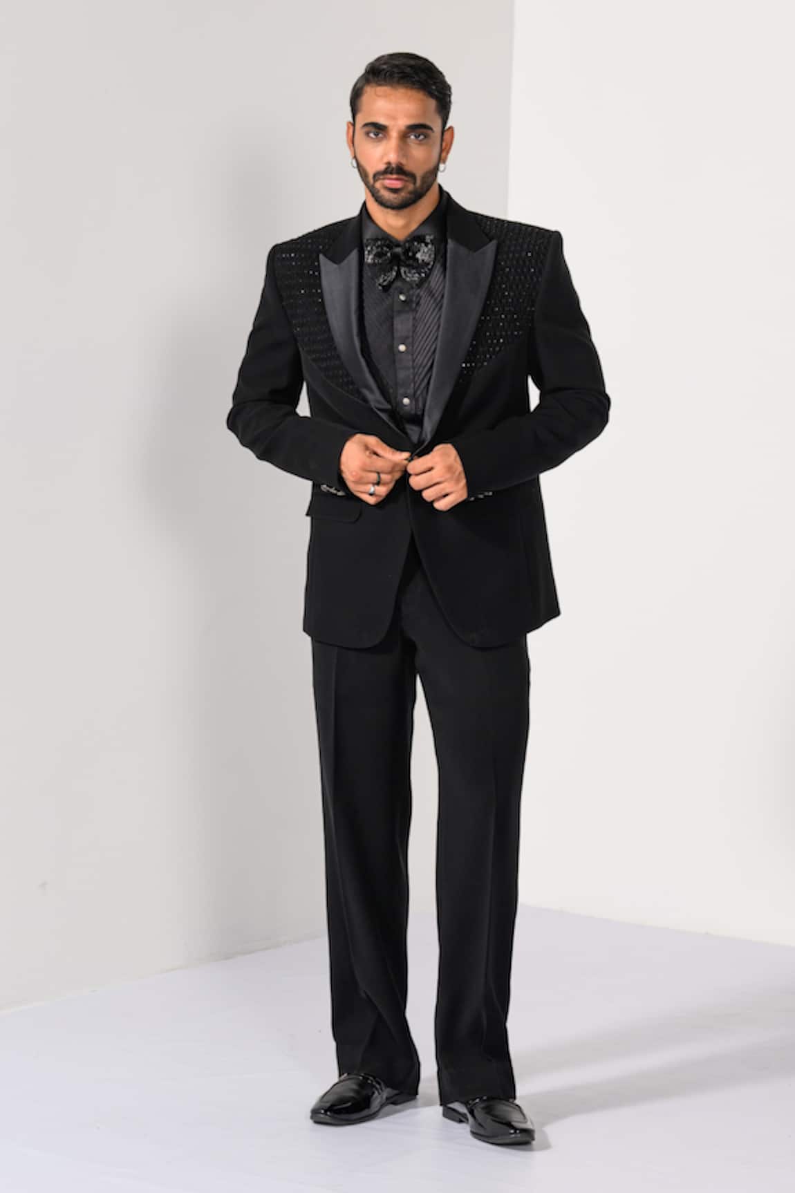 Kalpana Naik Shimmer Black Pintucks & Cutdana Embroidered Tuxedo Set