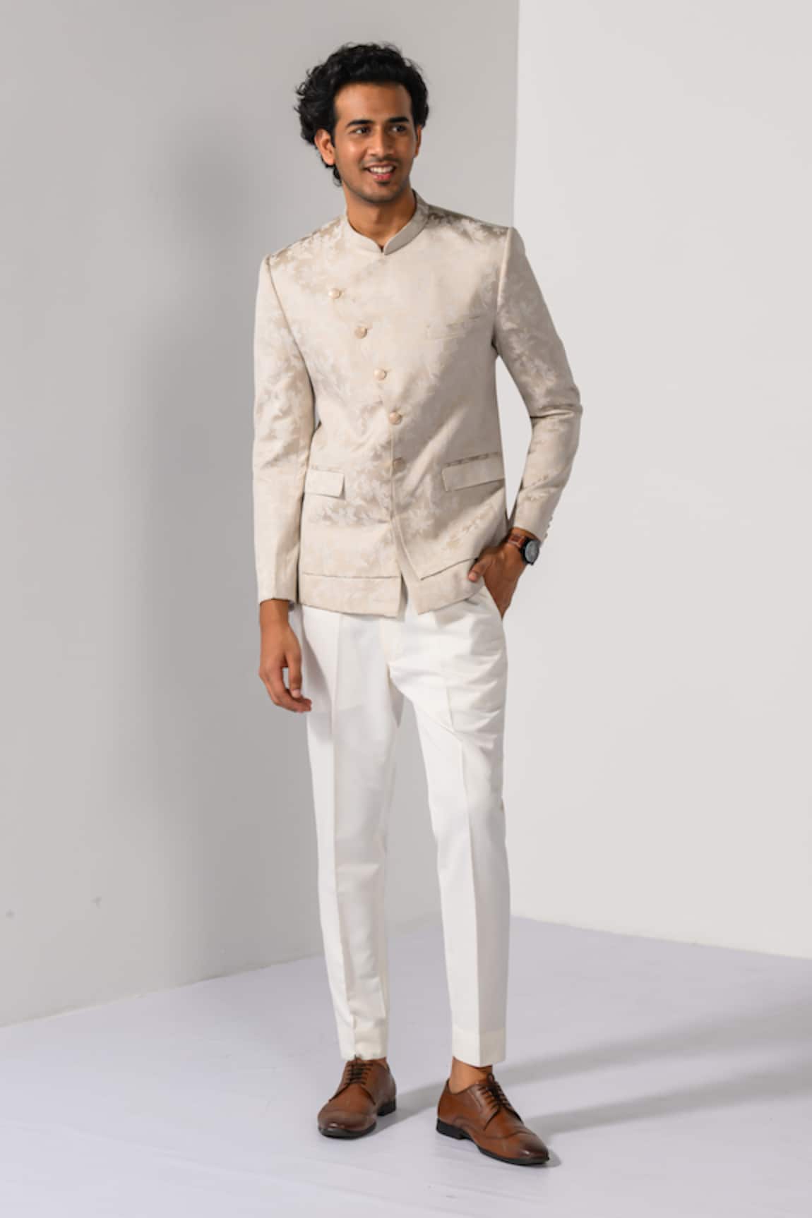 Kalpana Naik Blooming Beige Floral Bandhgala & Trouser Set