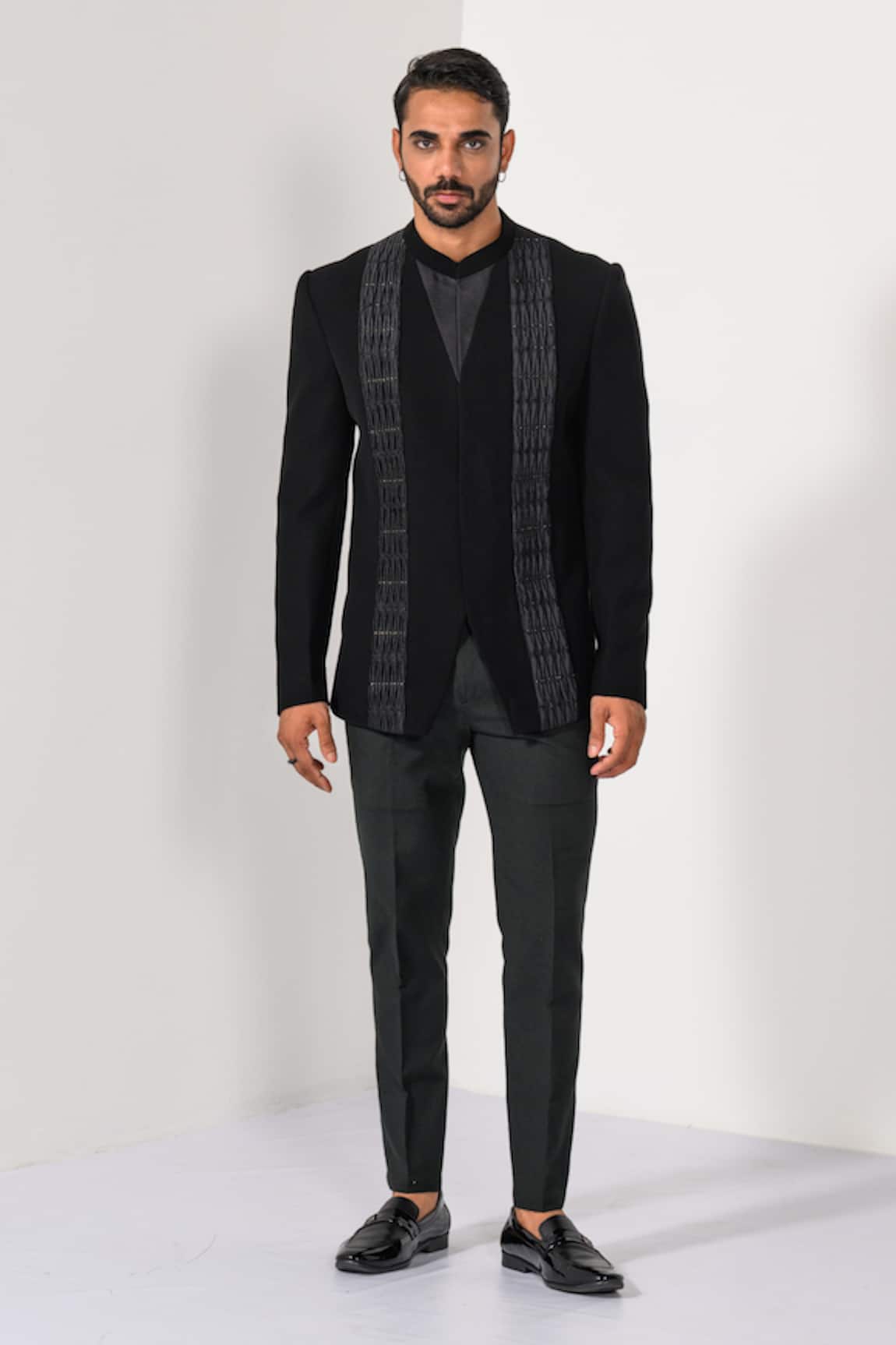 Kalpana Naik Black Pintucks Embroidered Bandhgala Set 