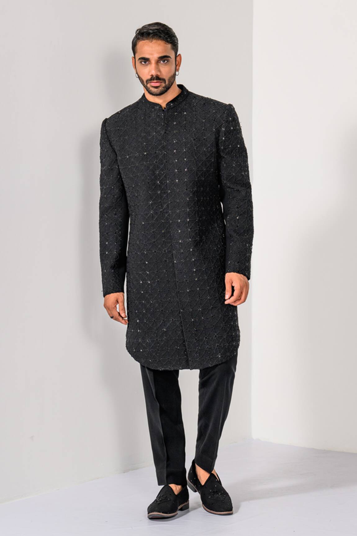 Kalpana Naik Black Majesty French Knot Achkan & Trouser Set 