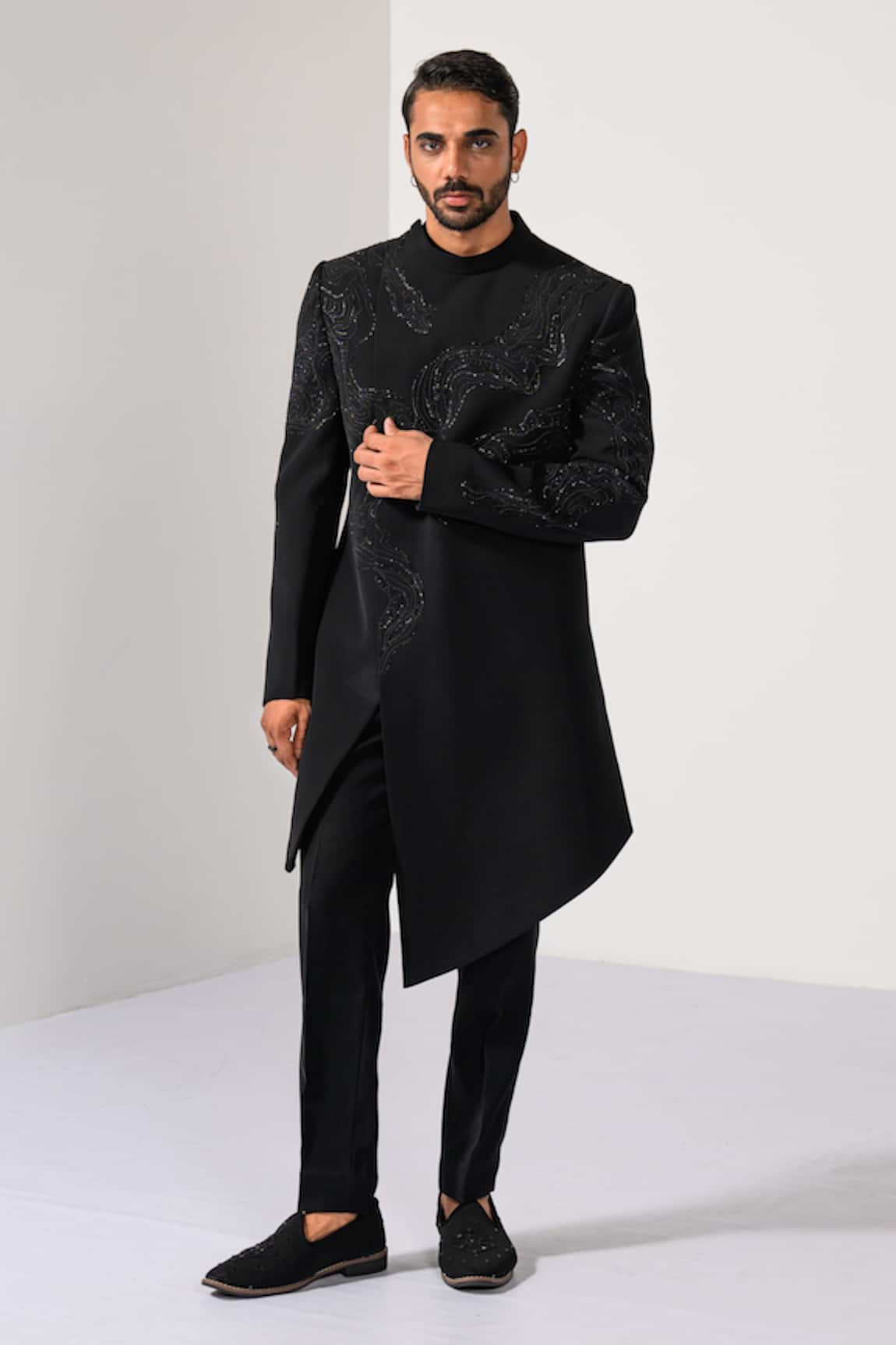 Kalpana Naik Jet Black Elegance Embroidered Achkan & Trouser Set 