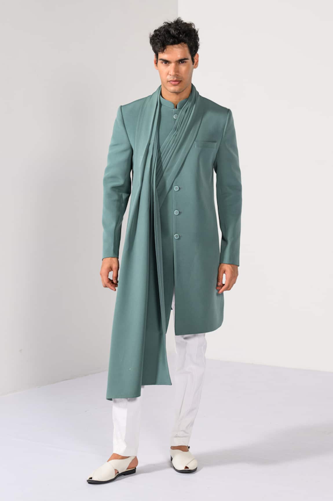 Kalpana Naik Aqua Fade Drape Achkan & Trouser Set 