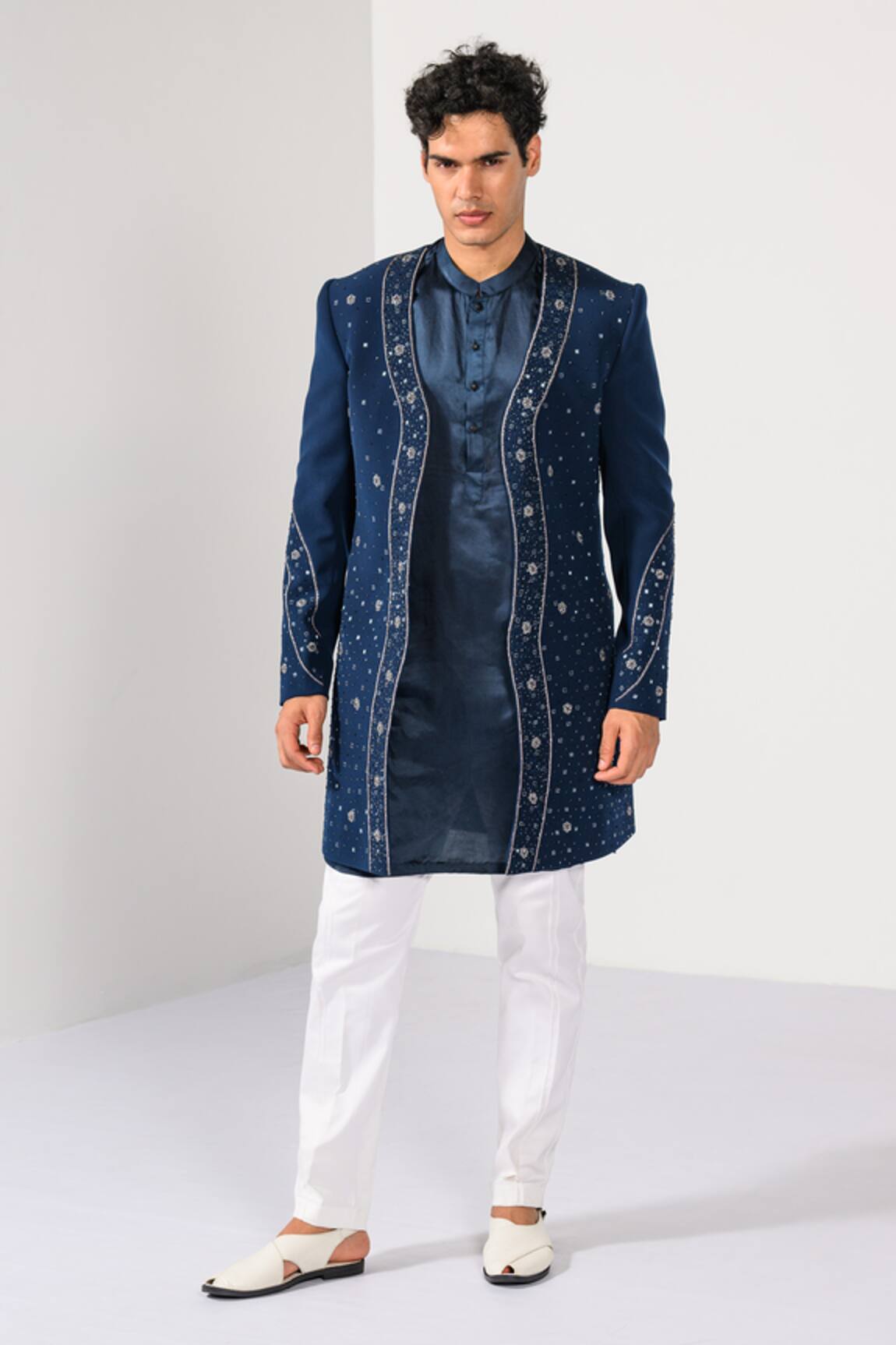 Kalpana Naik Teal Blossom Hand Embroidered Achkan Set 