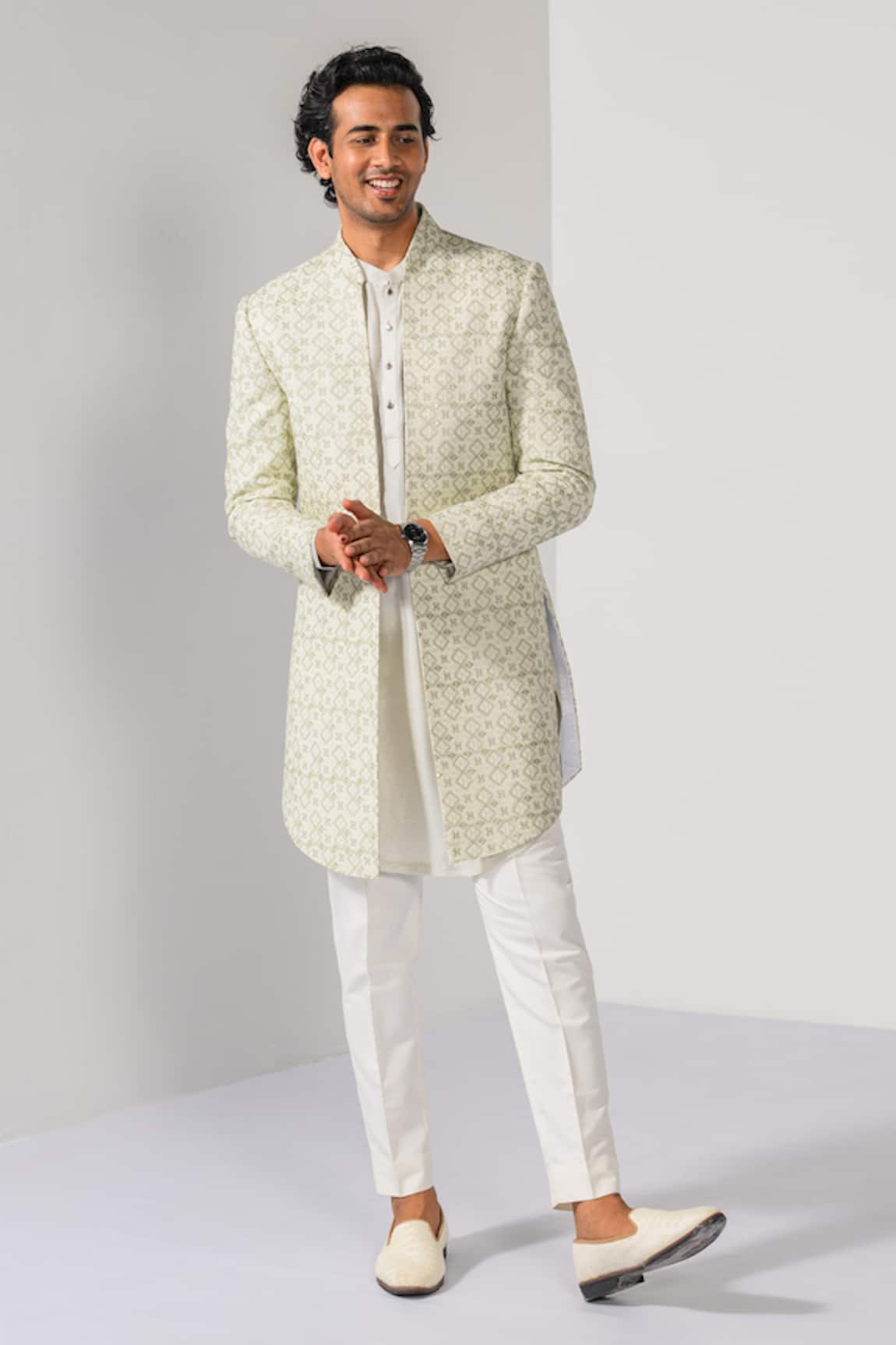 Kalpana Naik Sage Mist Geometric Pattern Achkan Kurta Set 