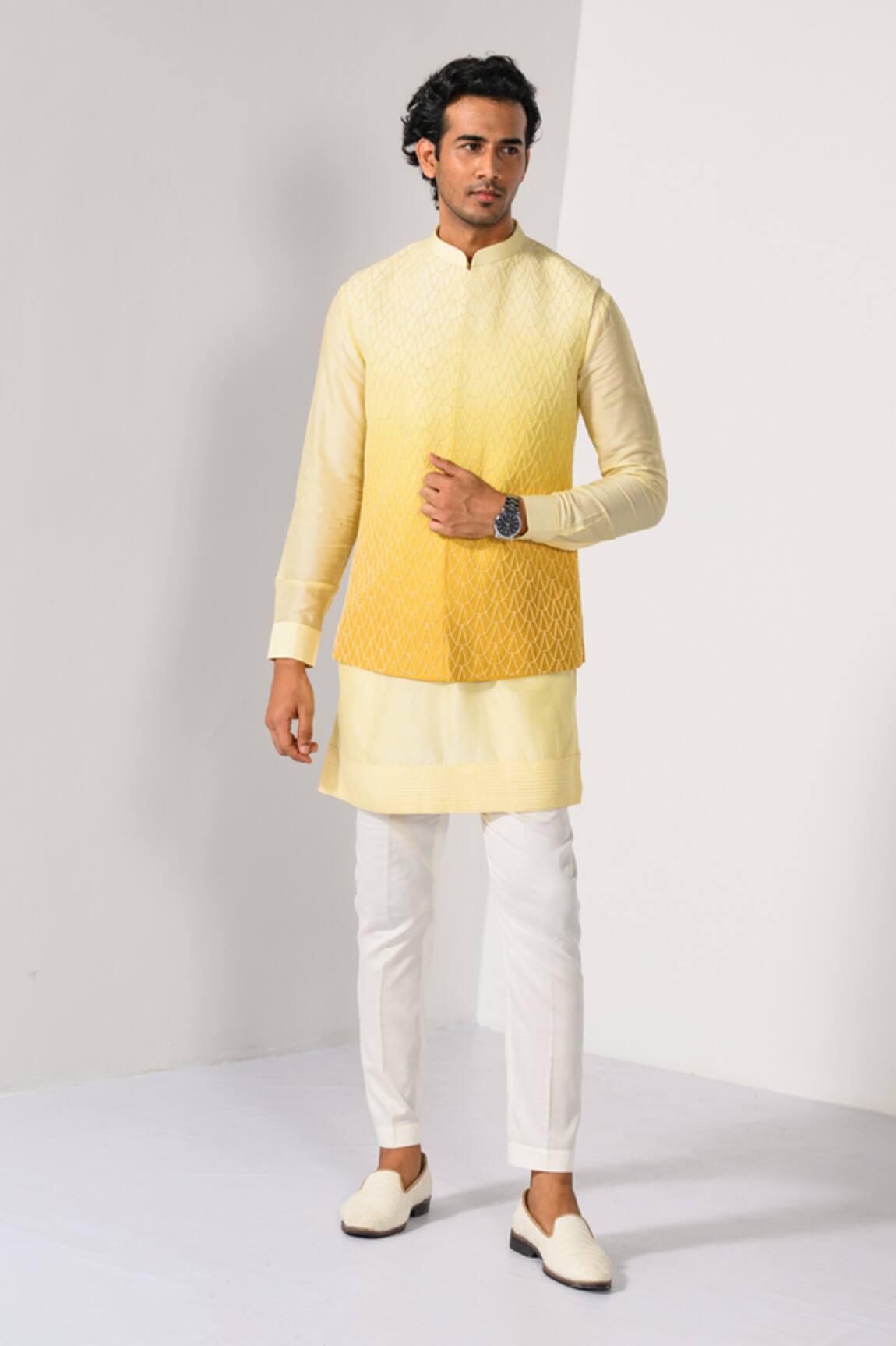 Kalpana Naik Yellow Cascade Ombre Zardozi Nehru Jacket & Kurta Set 