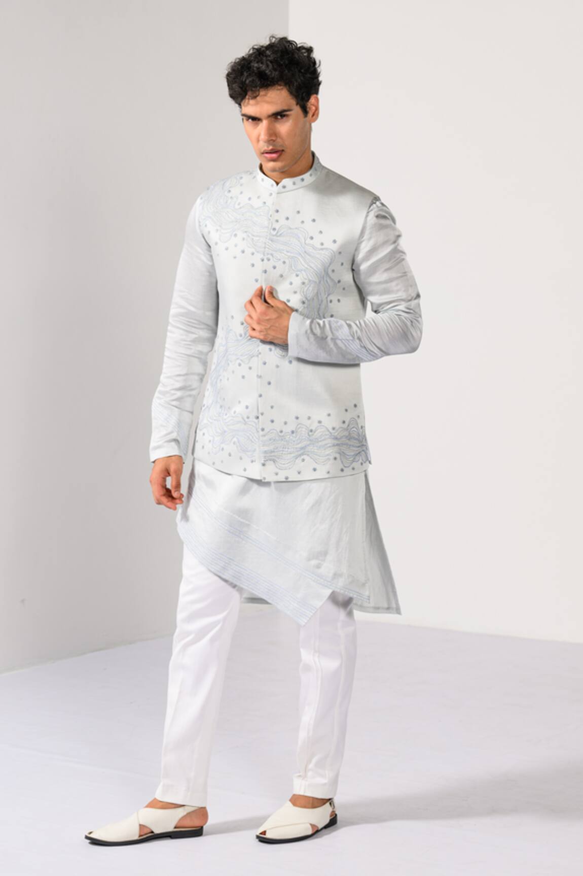 Kalpana Naik Icy Blue Waves Hand Embroidered Nehru Jacket Kurta Set 