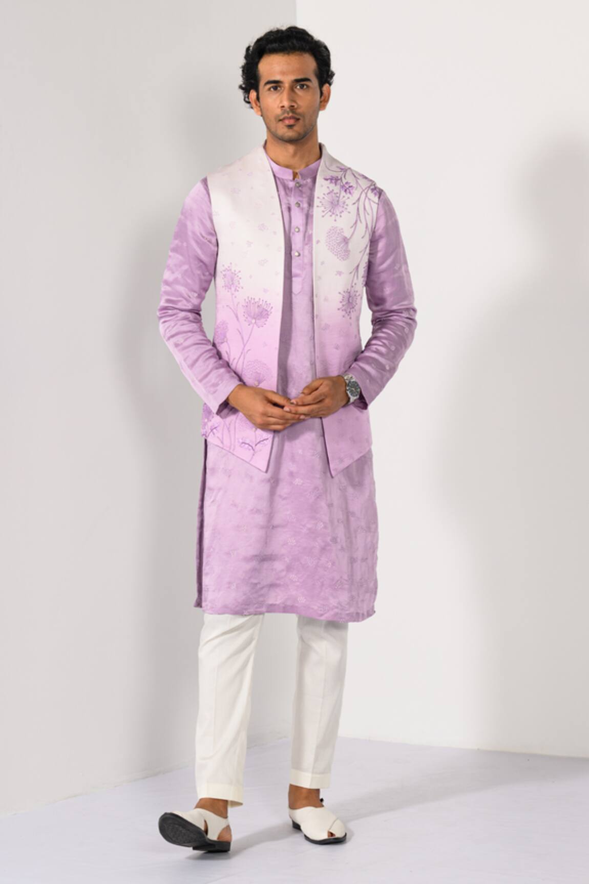 Kalpana Naik Lilac Ombre Floral Embroidered Nehru Kurta Set 