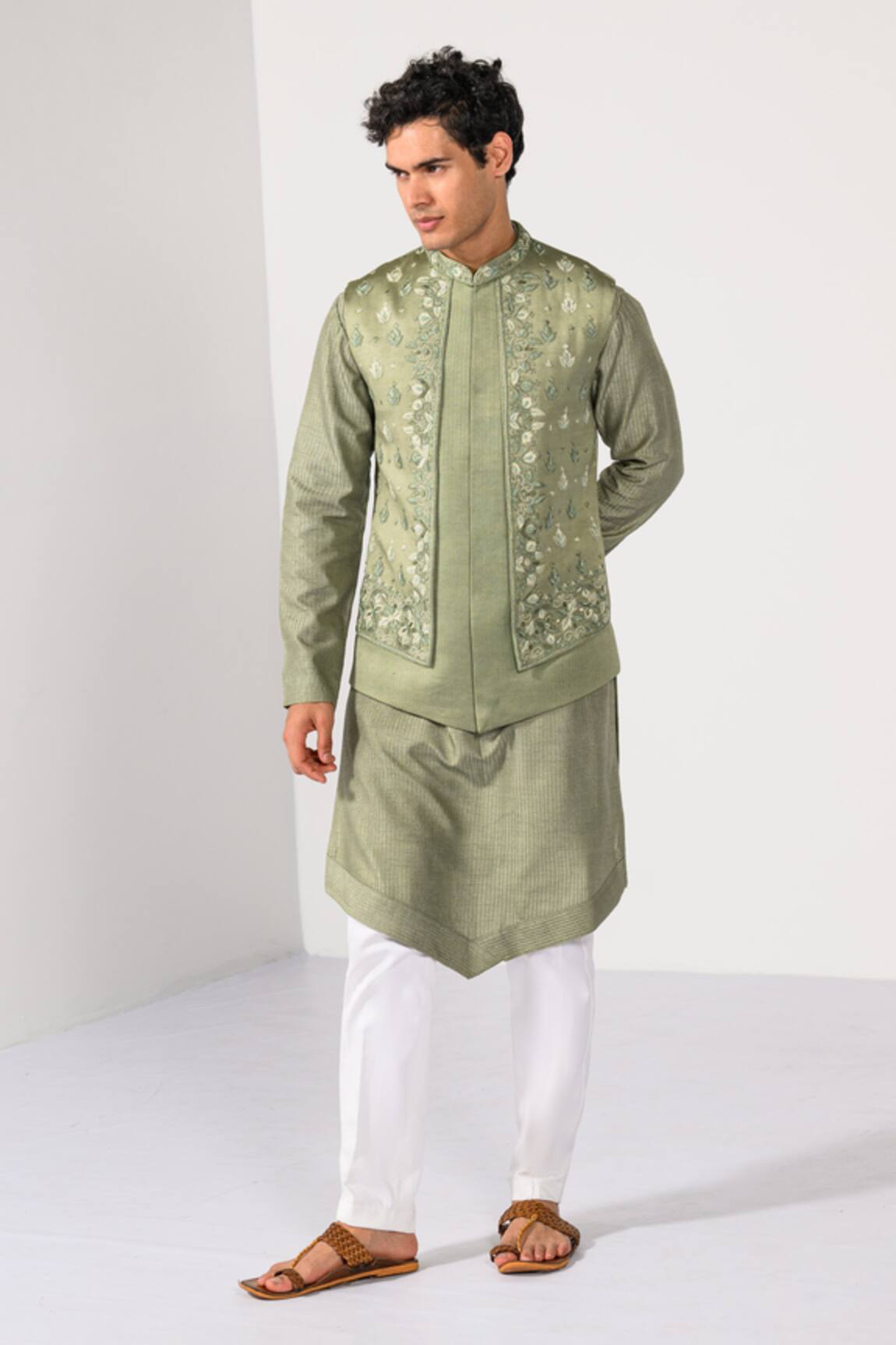 Kalpana Naik Olive Heritage Floral Zardozi Nehru Jacket Kurta Set 