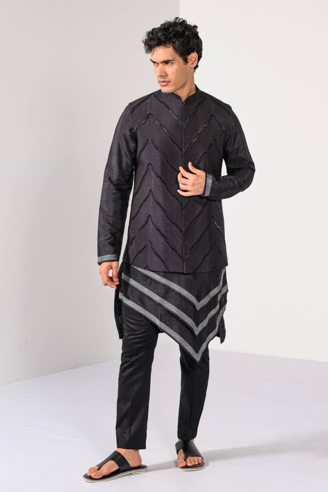 Kalpana Naik Graphite Geometrics Work Nehru Jacket Kurta Set 