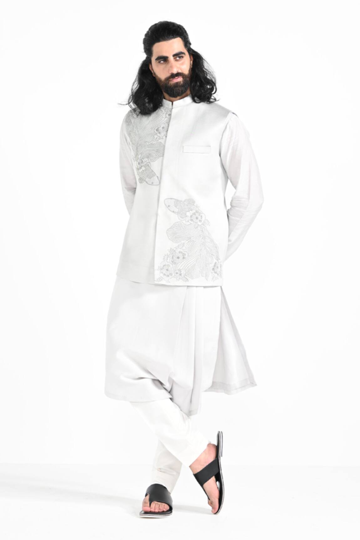 Kalpana Naik Floral Fish Embroidered Nehru Jacket Set 