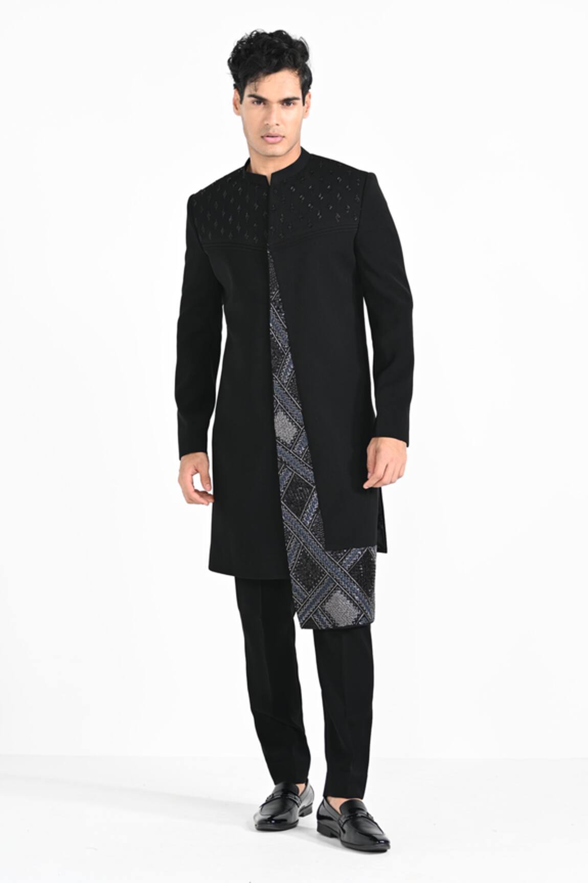 Kalpana Naik Black Panelled Panelled Achkan & Trouser Set 