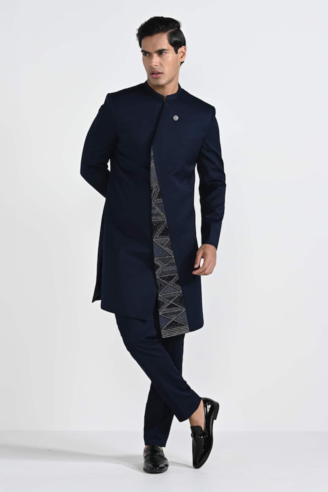 Kalpana Naik Onyx Blue Panel Panel Embroidered Achkan & Trouser Set 