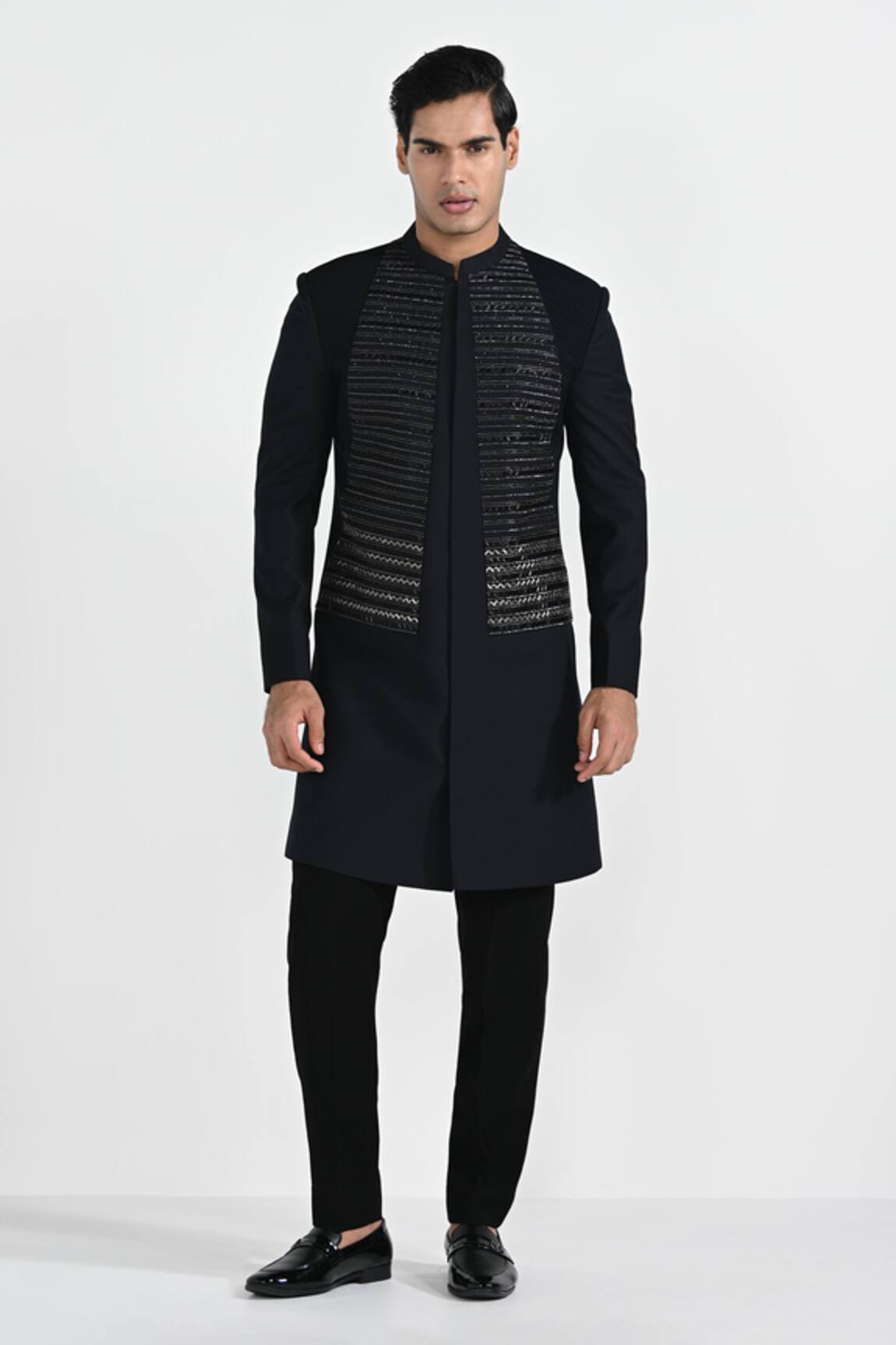 Kalpana Naik Dark Sapphire Geometric Panel Sherwani With Pant 