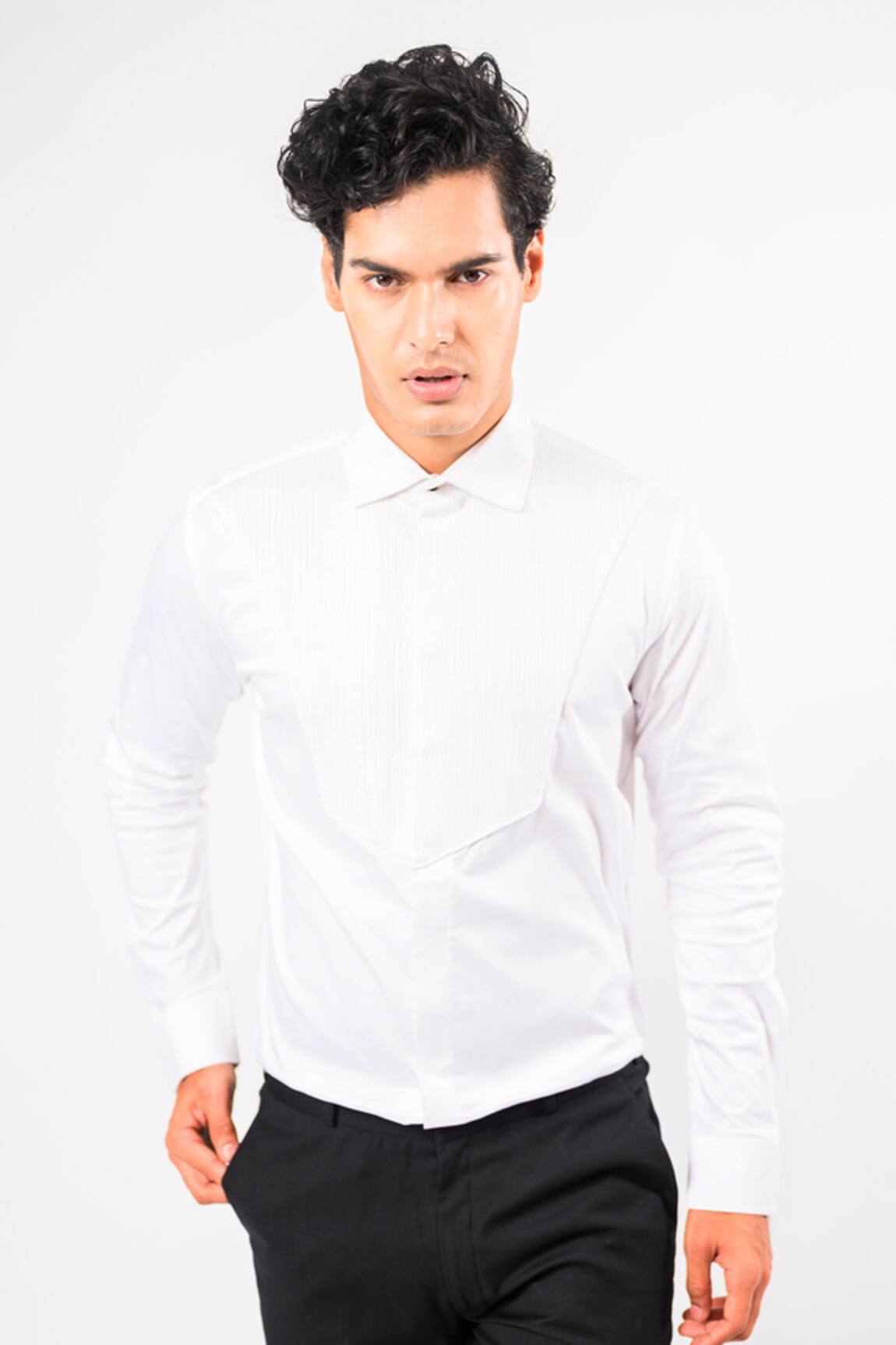 Kalpana Naik Straight Pintucks Giza Cotton Stretch Shirt 