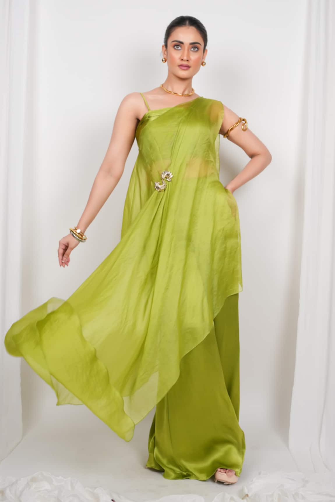 Day And Mood One Shoulder Kaftan Blouse & Flared Pants Set