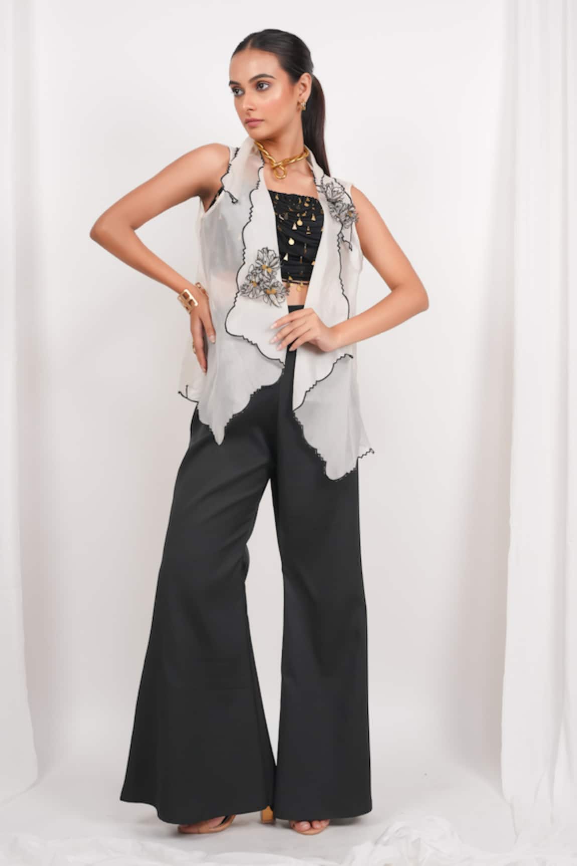 Day And Mood Scallop Organza Jacket Blouse & Pant Set