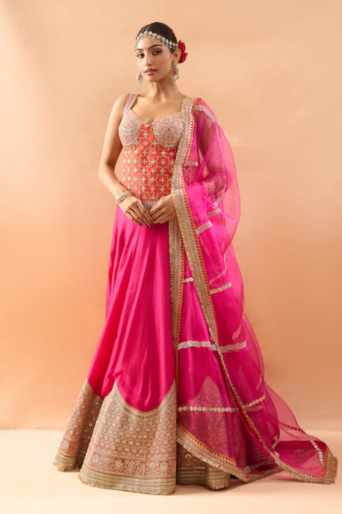 Gopi Vaid Embroidered Padded Blouse Lehenga & Dupatta 