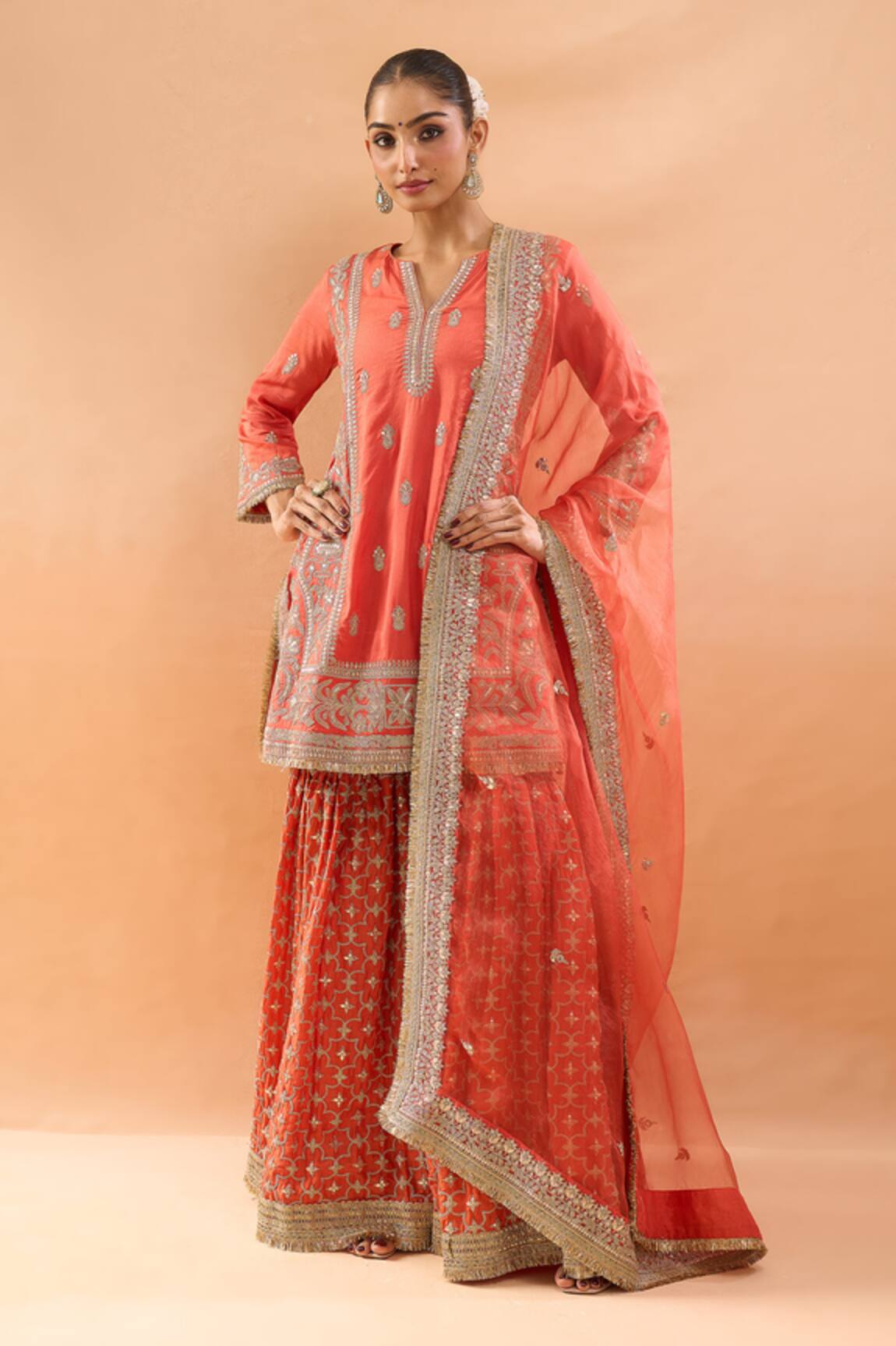 Gopi Vaid Embroidered Tussar Kurta Sharara & Organza Dupatta