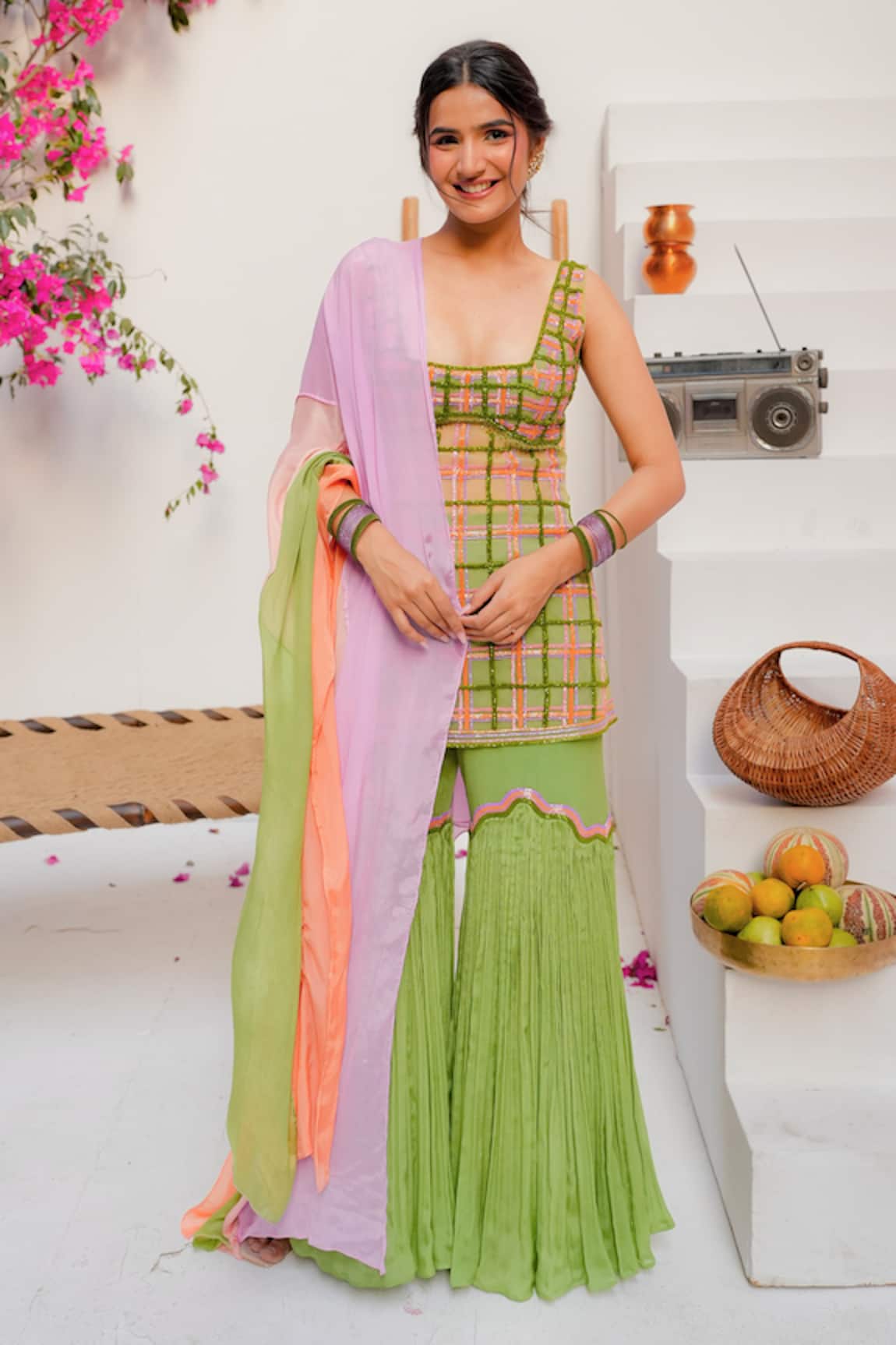 Tuhina Srivastava Tartan Embroidered Kurta Sharara Set