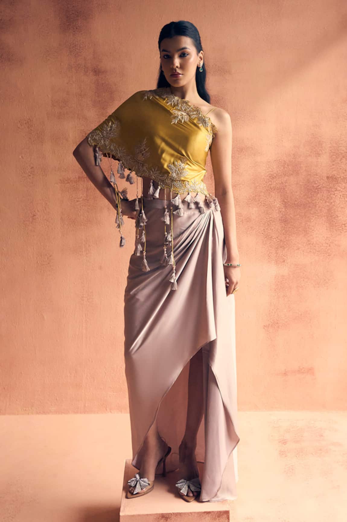 Label Moni K Kuro Embroidered Blouse With Draped Skirt 