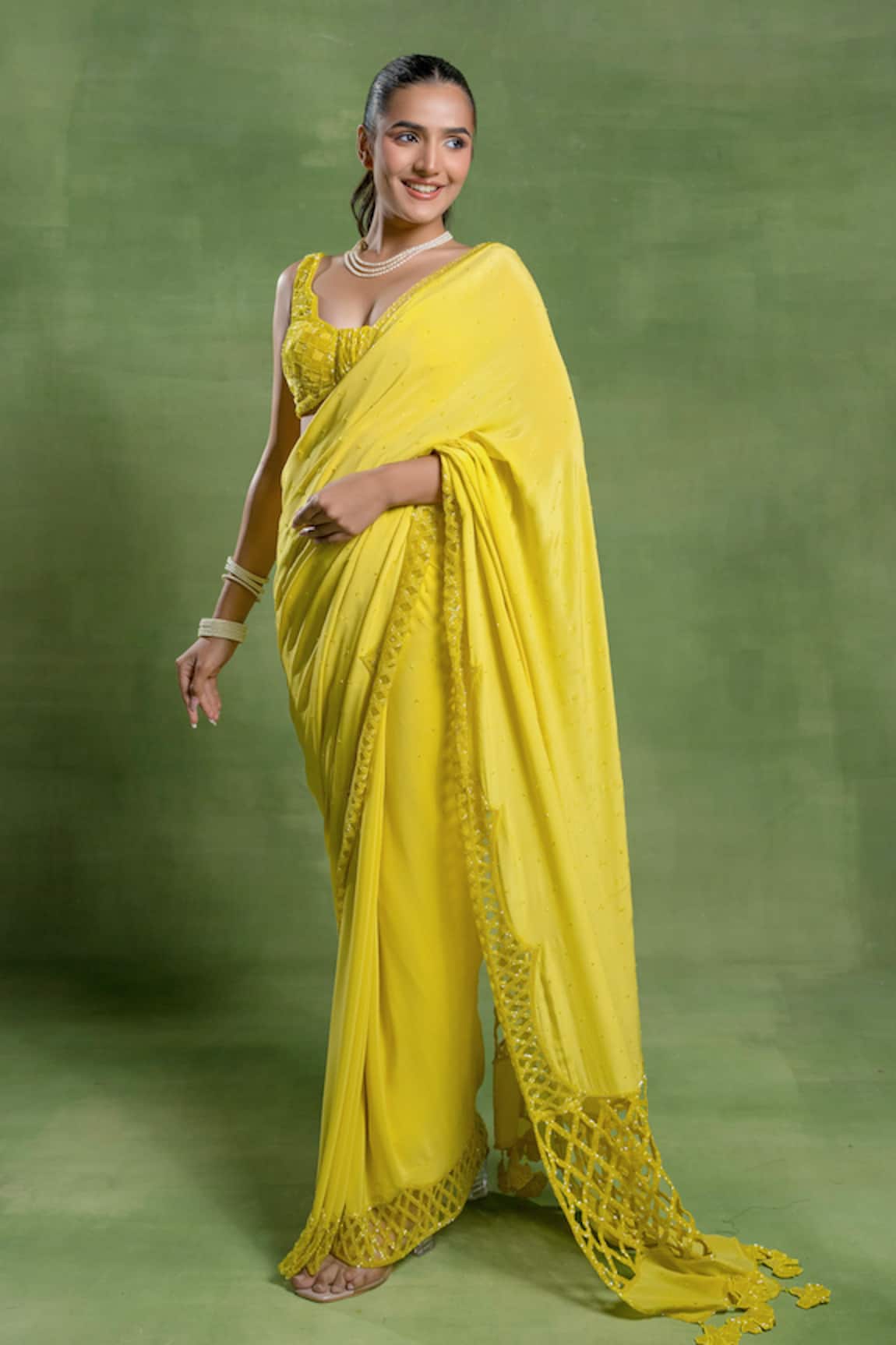 Tuhina Srivastava Jaal & Tassels Silk Crepe Saree With Blouse