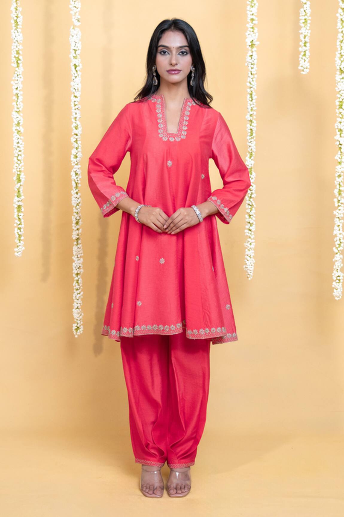 Grass & Sunshine Coral Dawn Chanderi Kurta & Pant Co-ord Set 
