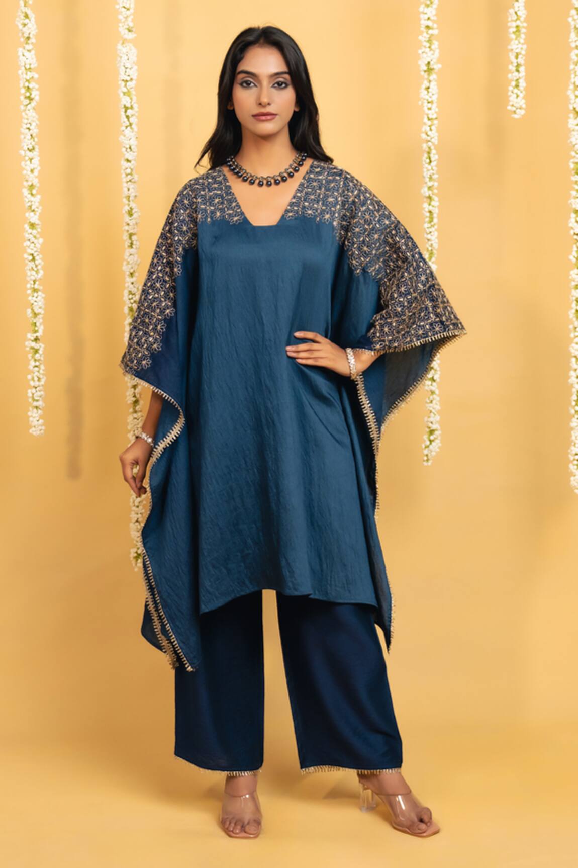Grass & Sunshine Midnight Bloom Embroidered Kaftan & Pant Set 