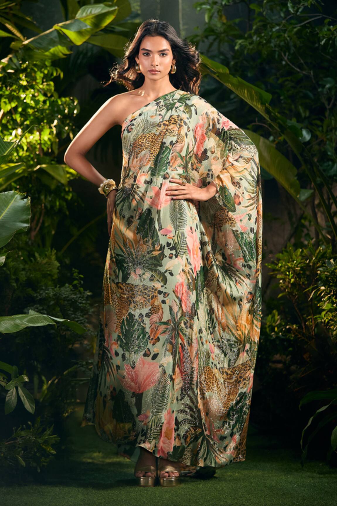 Aza X Shilpa Shetty Kundra Tropical Print One Shoulder Kaftan