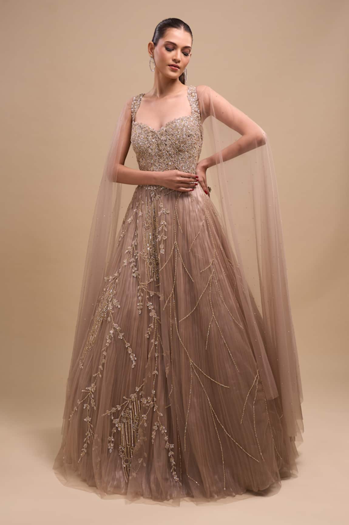 Azeera Cascading Draped Sleeve Net Embroidered Gown 