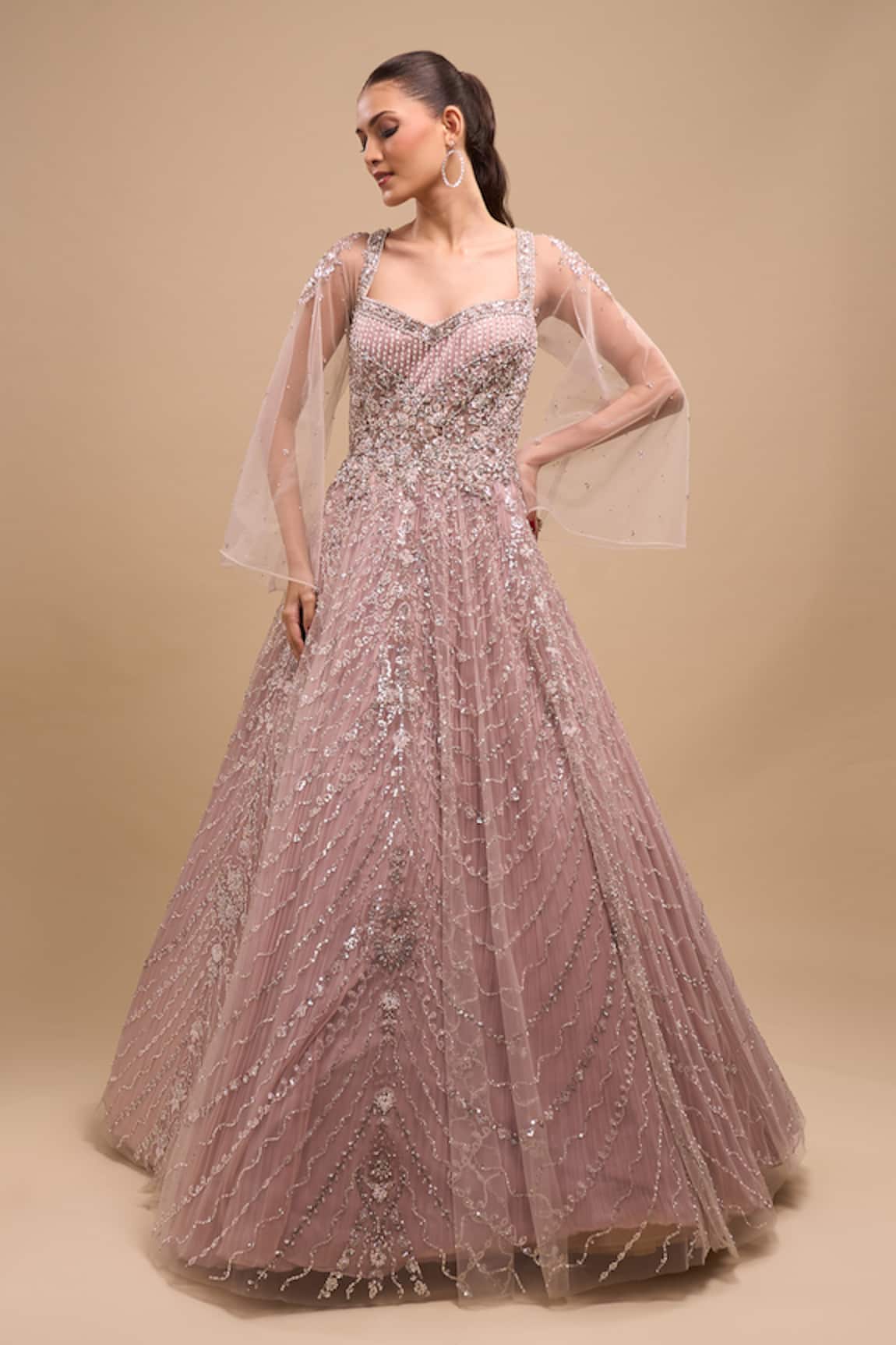 Azeera Sequin Hand Embroidered Cape Sleeve Gown 