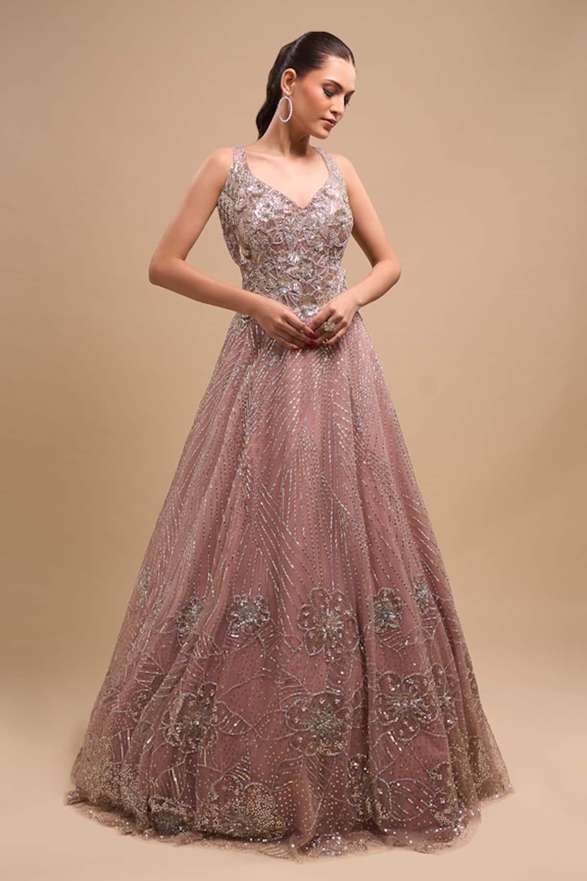 Azeera Peach Embroidered Flared Gown 