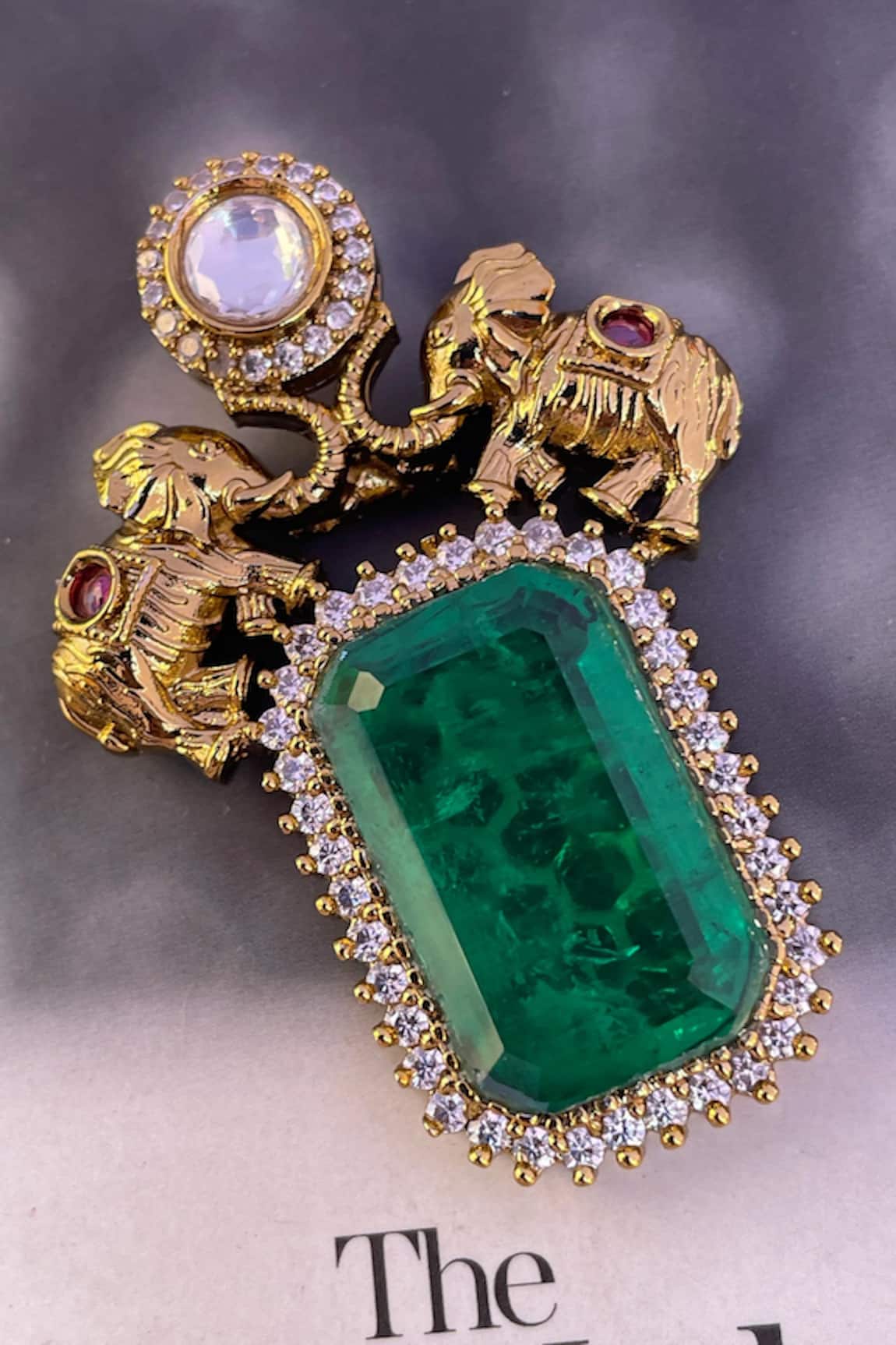 Saga Jewels Emerald & Elephant Motif Kundan Polki Brooch
