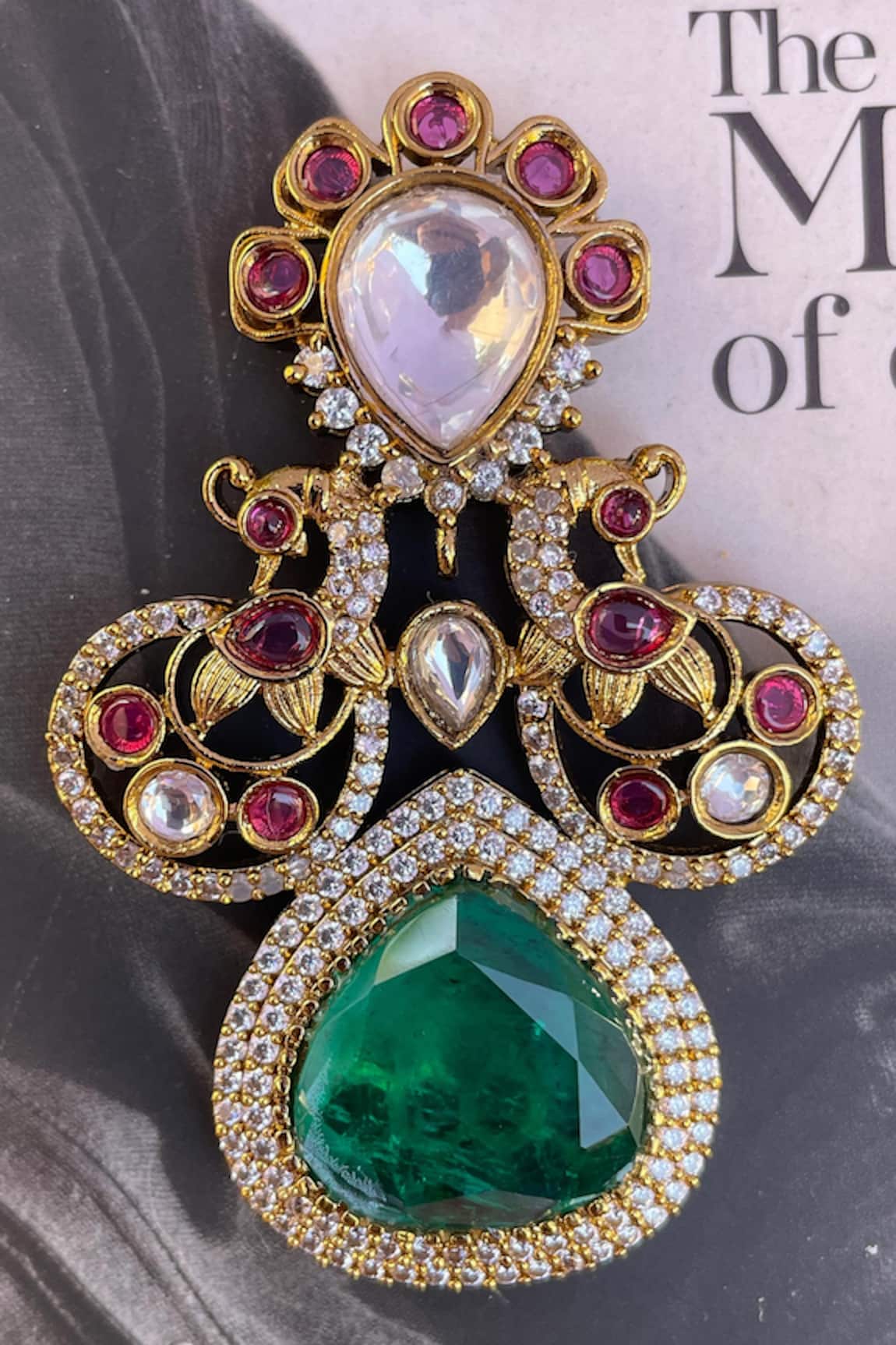 Saga Jewels Kundan & Polki Emerald Floral Brooch