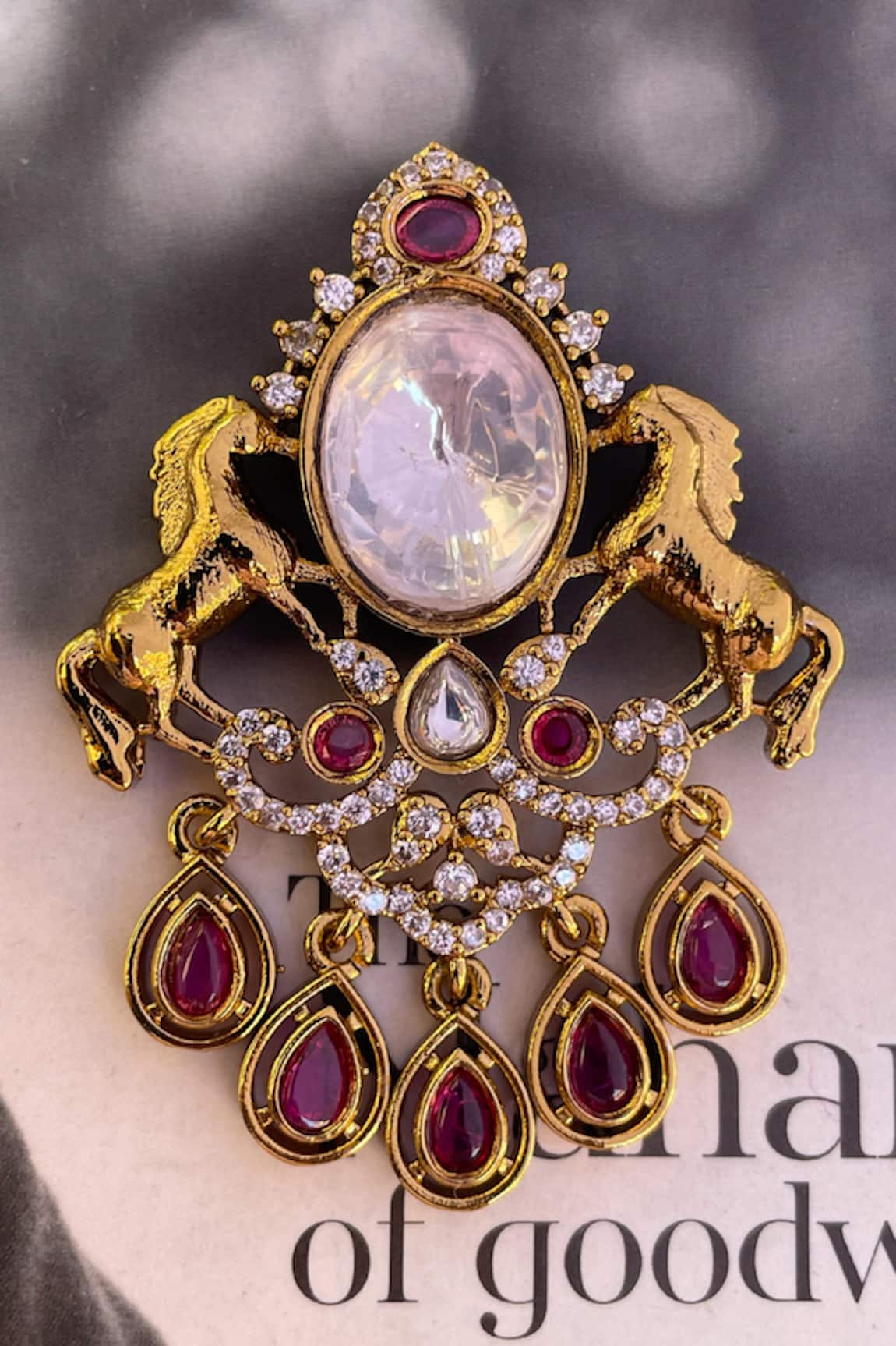 Saga Jewels Kundan & Ruby Droplet Horse Motif Brooch